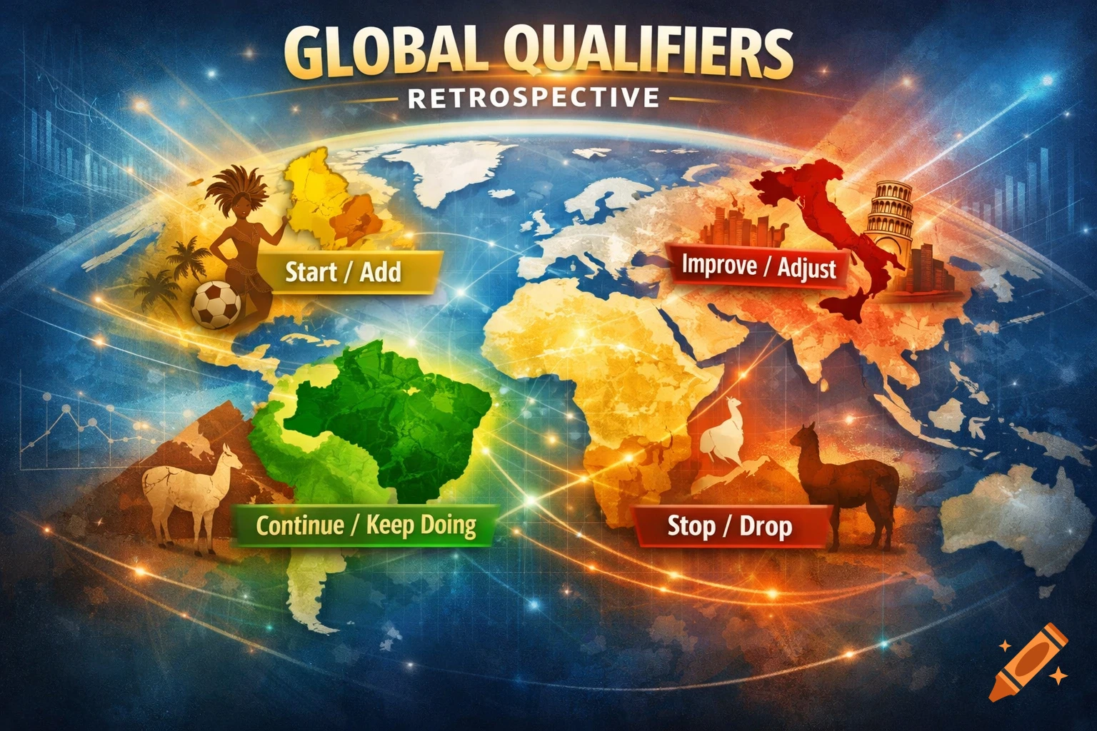 A colorful world map infographic with glowing lines and text labels: 'Global Qualifiers Retrospective', 'Start / Add', 'Improve / Adjust', 'Continue / Keep Doing', and 'Stop / Drop'. Each label is associated with a geographic region and symbolic imagery like a carnival dancer, Leaning Tower of Pisa, and llamas.