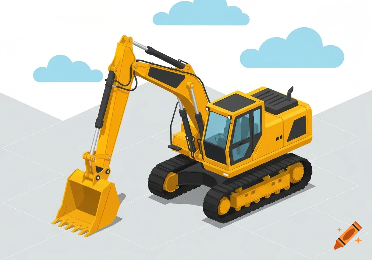 Isometric illustration of a yellow excavator on a gray tiled surface with blue clouds.