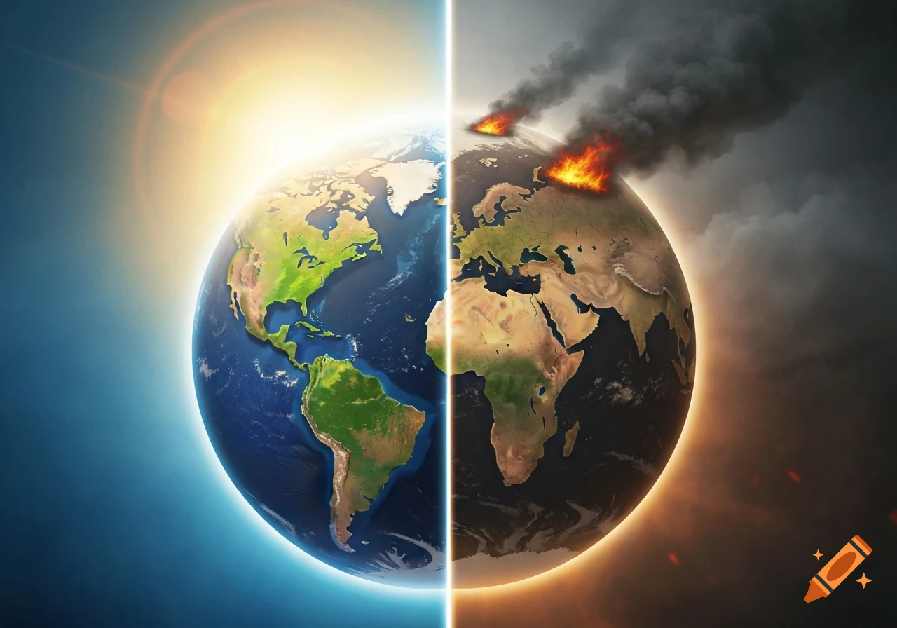 Earth split vertically: one half a lush, vibrant planet, the other half scorched and burning with dark smoke, symbolizing climate change.