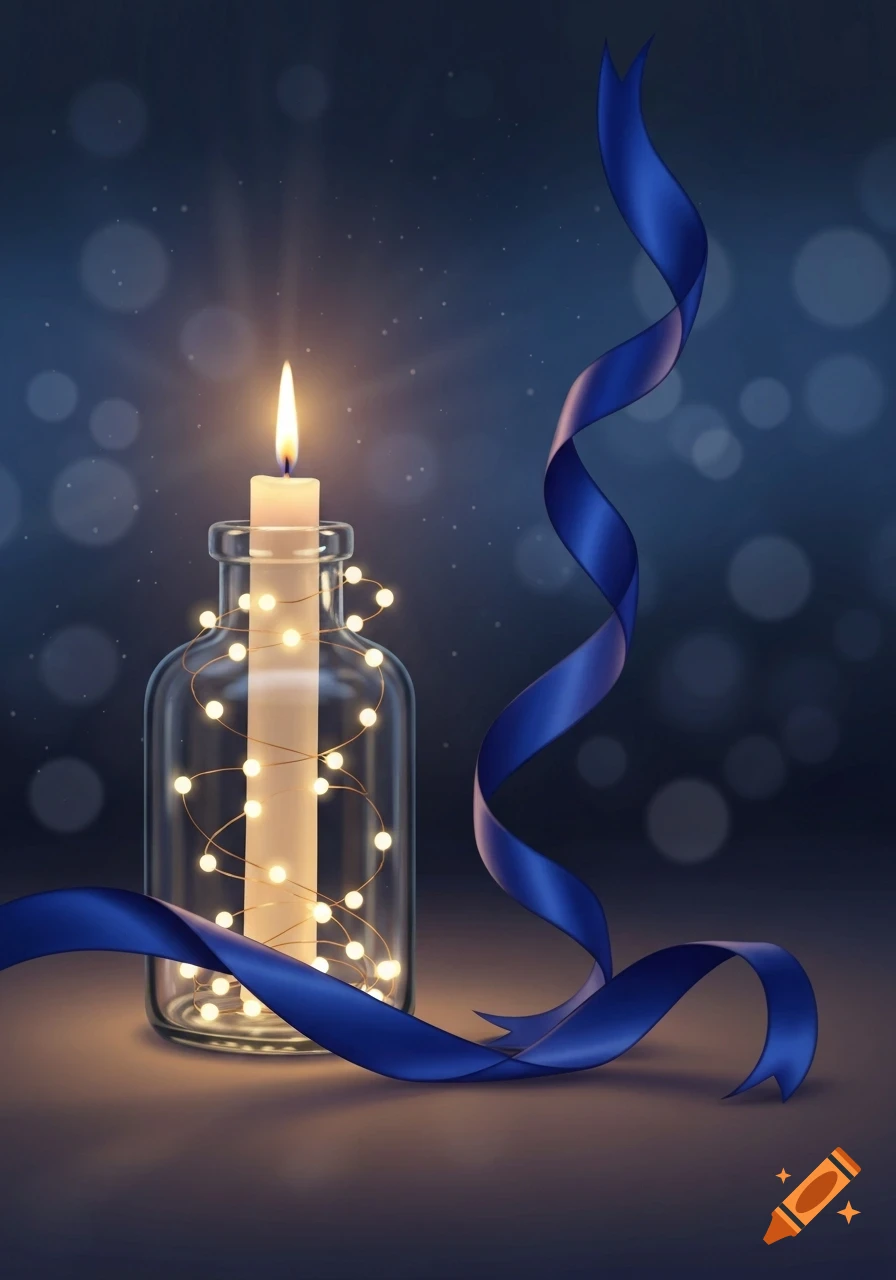 A white candle in a glass bottle with warm string lights, adorned with a flowing blue ribbon against a bokeh background.