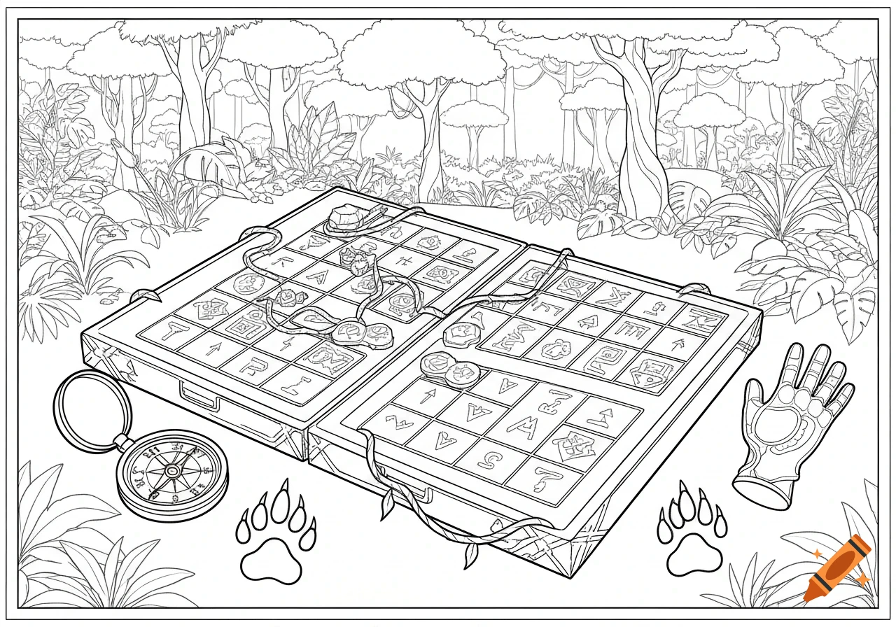 Black and white coloring page of a Jumanji-style board game in a jungle setting, with a compass, paw prints, and a glove.