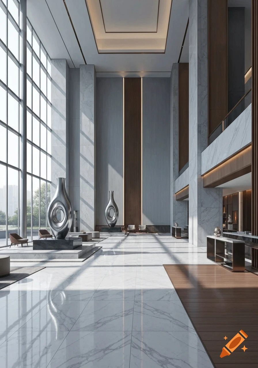 A spacious, modern hotel lobby with high ceilings, large windows, two silver abstract vases, marble floors, and wood accents.