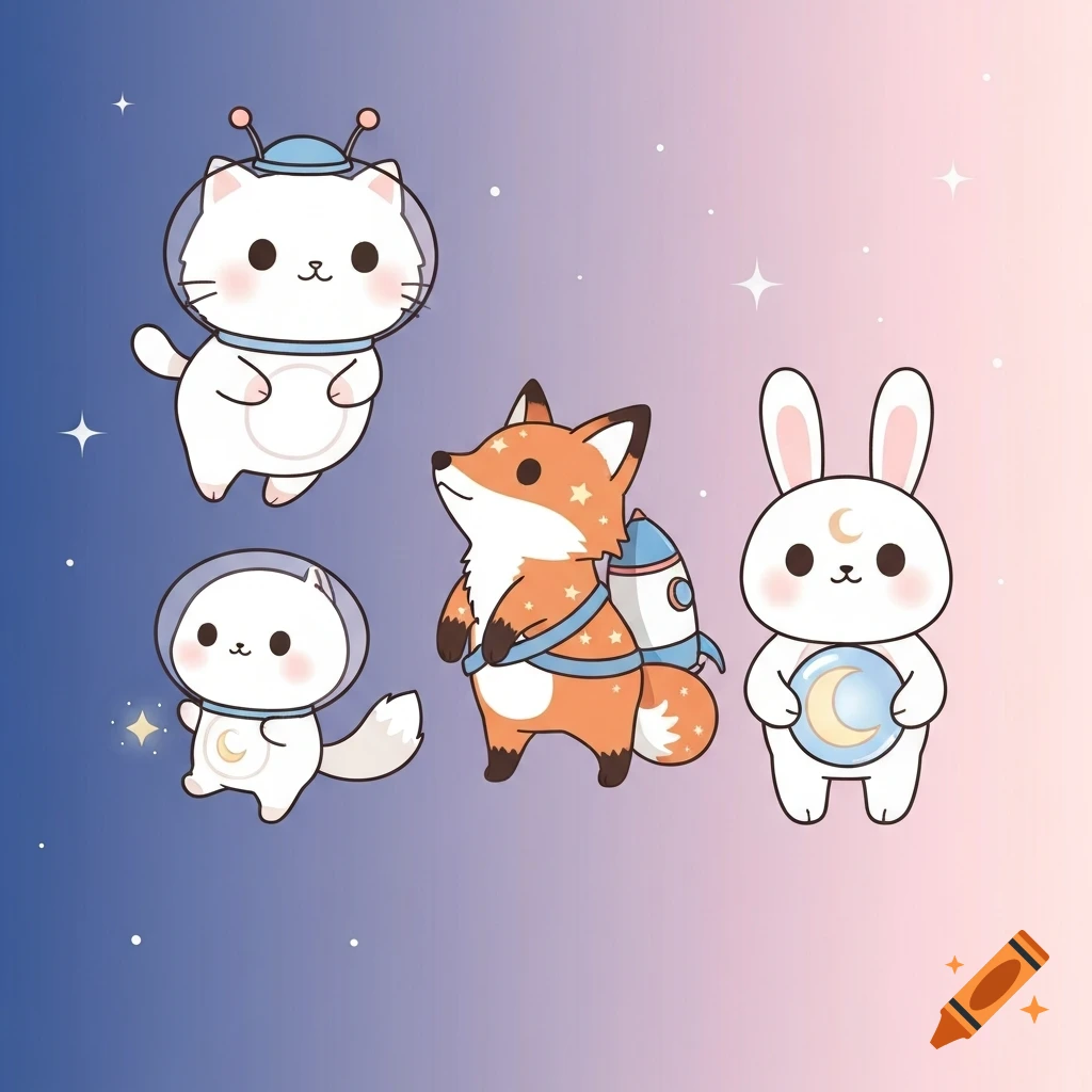 Four cute cartoon animals in space, including two cats, a fox with a rocket pack, and a rabbit holding a moon, against a starry gradient background.