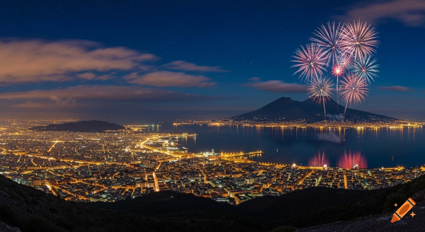 Panoramic night view of Naples city lights reflecting in the bay, with Mount Vesuvius and fireworks under a starry sky.