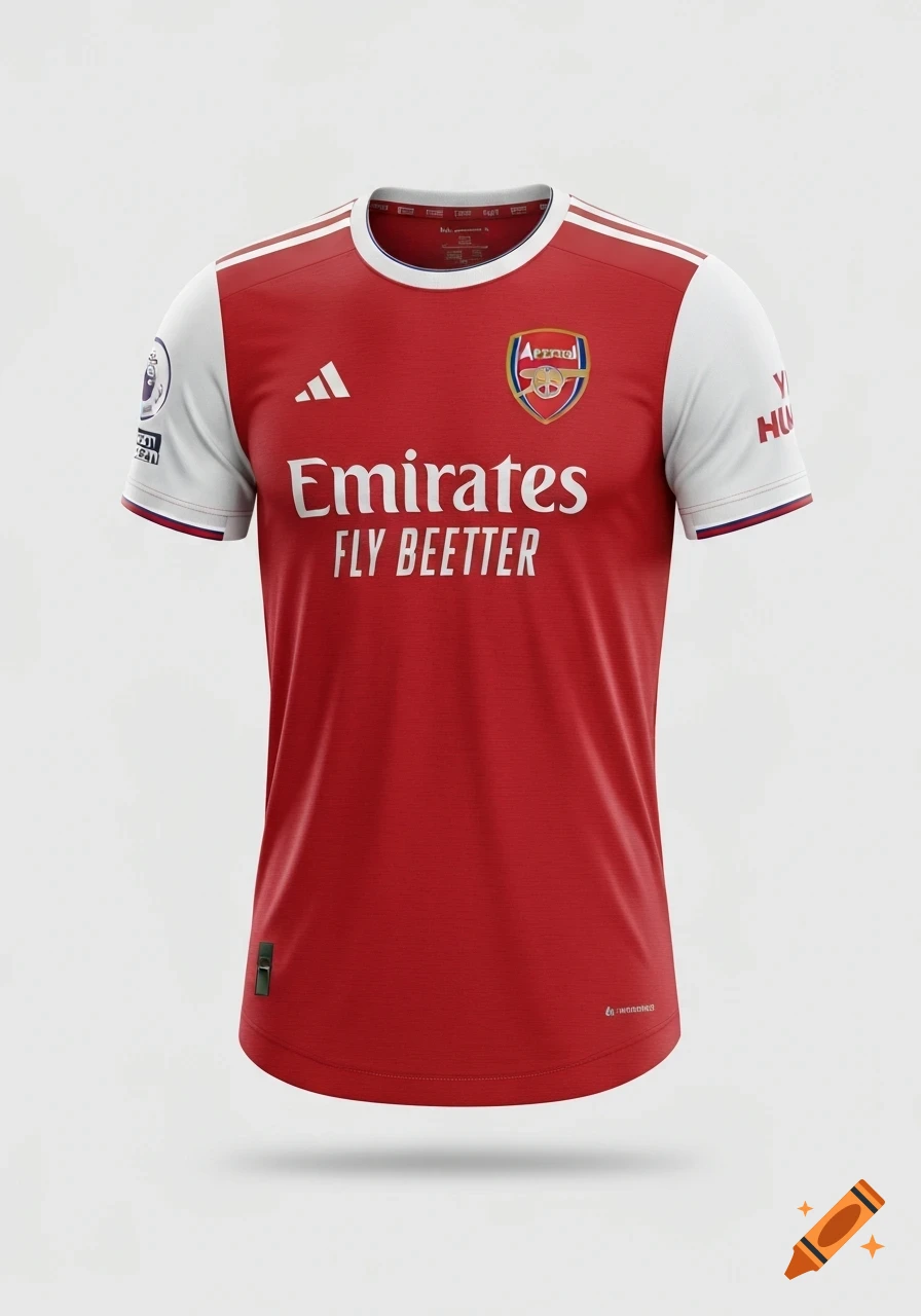 A red and white Arsenal FC football jersey featuring the 'Emirates FLY BETTER' sponsor text and club crest.