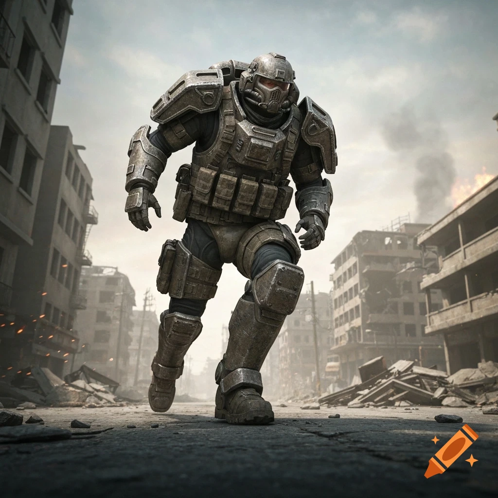 Photorealistic image of an armored soldier running through a destroyed, post-apocalyptic city.