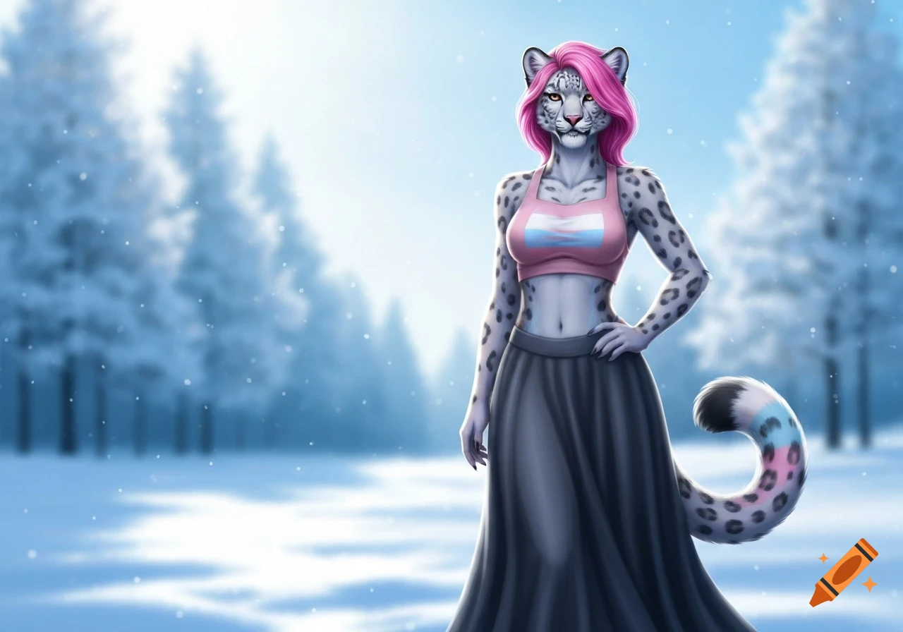 A digital painting of a snow leopard furry character with pink hair, wearing a transgender flag crop top and skirt, standing in a snowy forest.