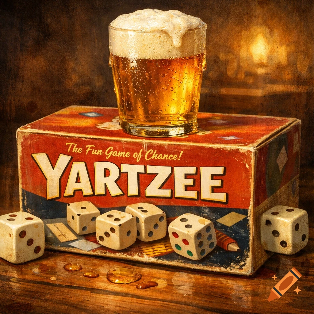 A foamy beer glass sits on a vintage-style 'YARTZEE' board game box with scattered dice on a wooden table, in a warm, photorealistic style.