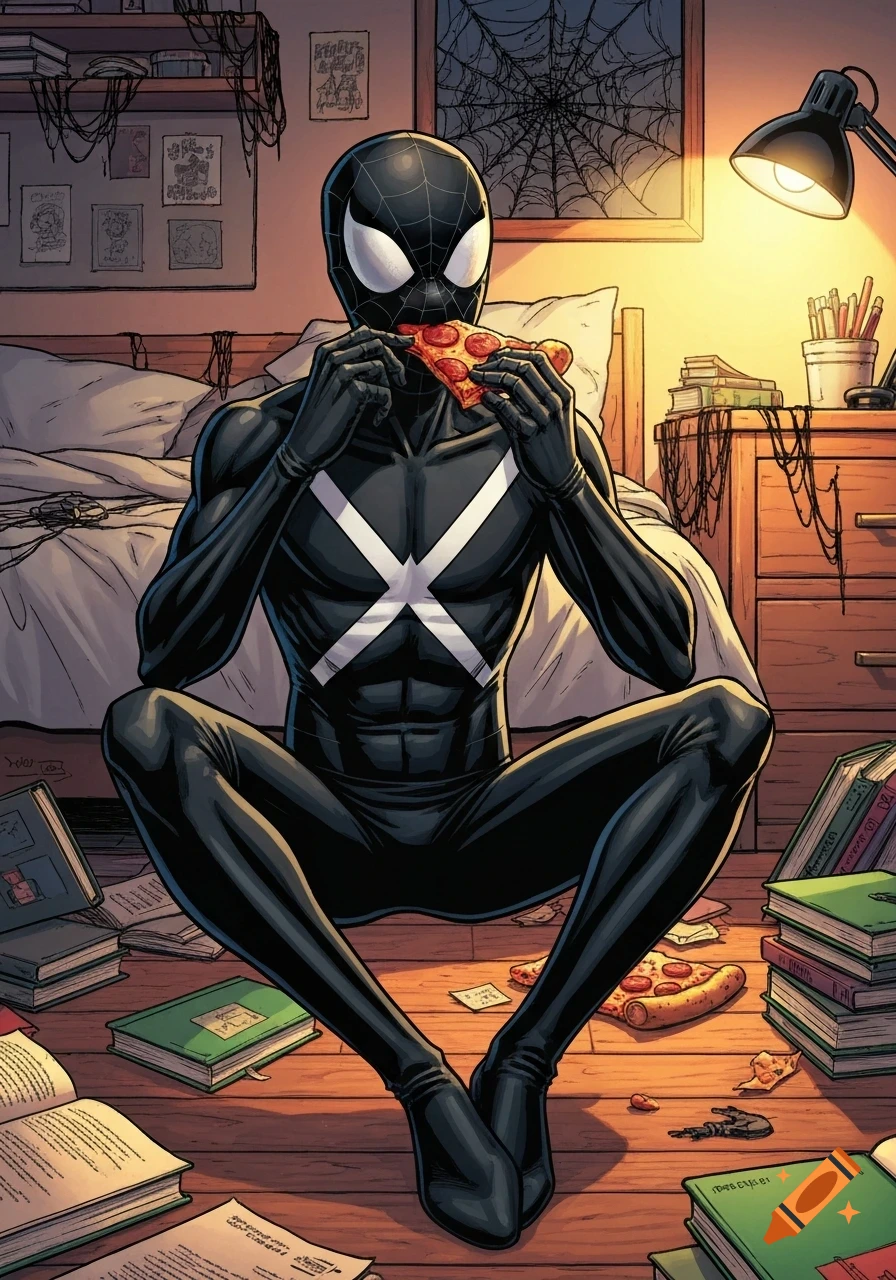 A superhero in a black suit with a white X symbol and a black Spider-Man mask sits on the floor of a messy bedroom, eating pizza in a comic book art style.