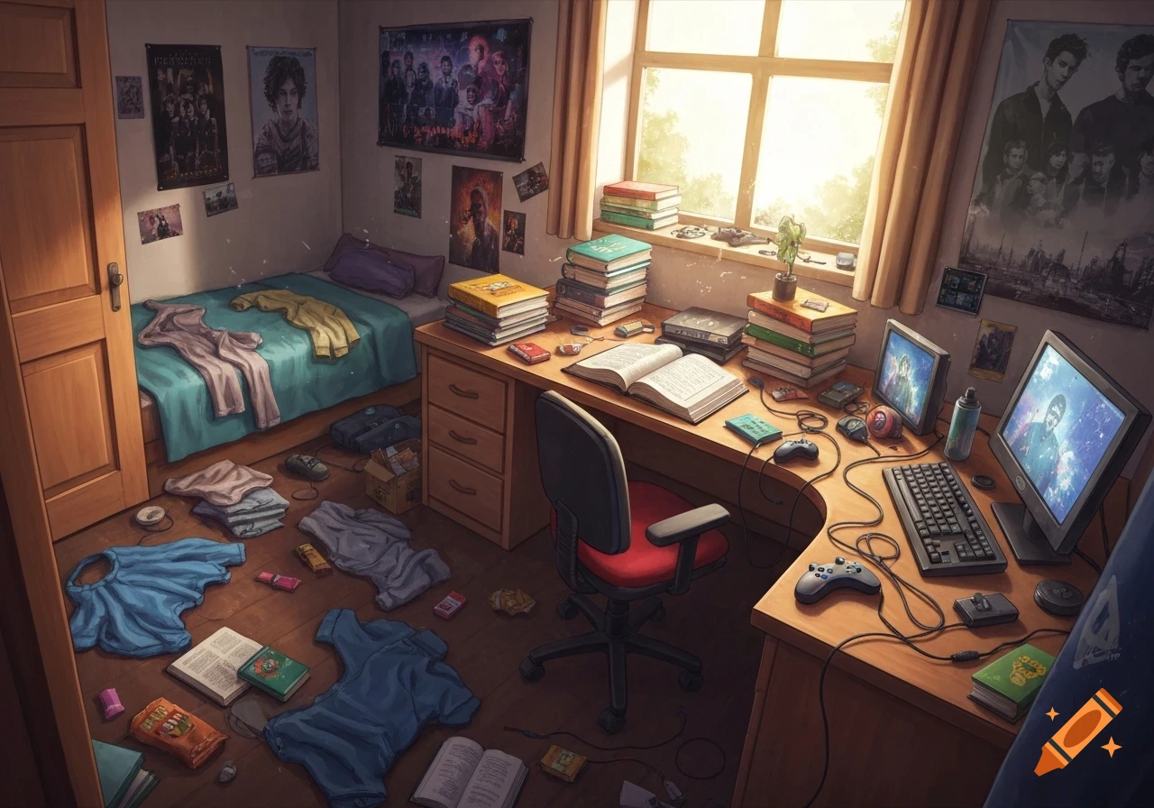 An illustrated top-down view of a messy teenage boy's room with clothes on the floor, a made bed, and a desk cluttered with books, a computer, and gaming controllers. Sunlight streams through a window.