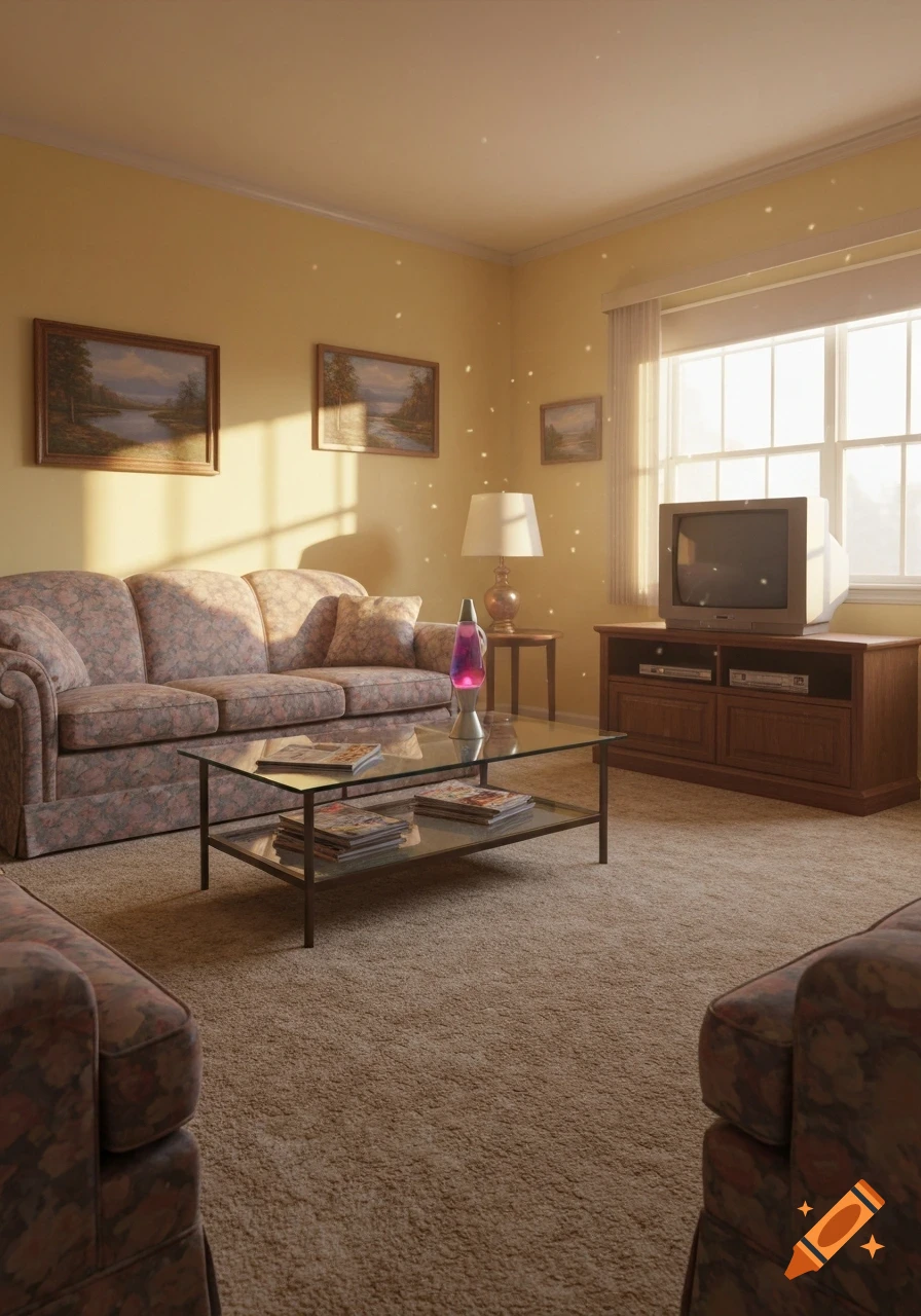 A retro 90s living room with a floral couch, a glass coffee table, a lava lamp, and a CRT television by a sunlit window.
