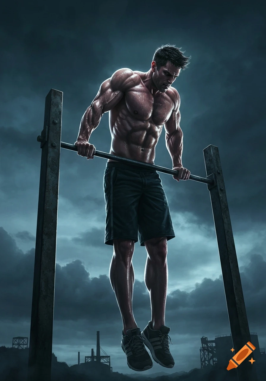 A highly muscular man performing an exercise on a pull-up bar against a dramatic, cloudy industrial background.
