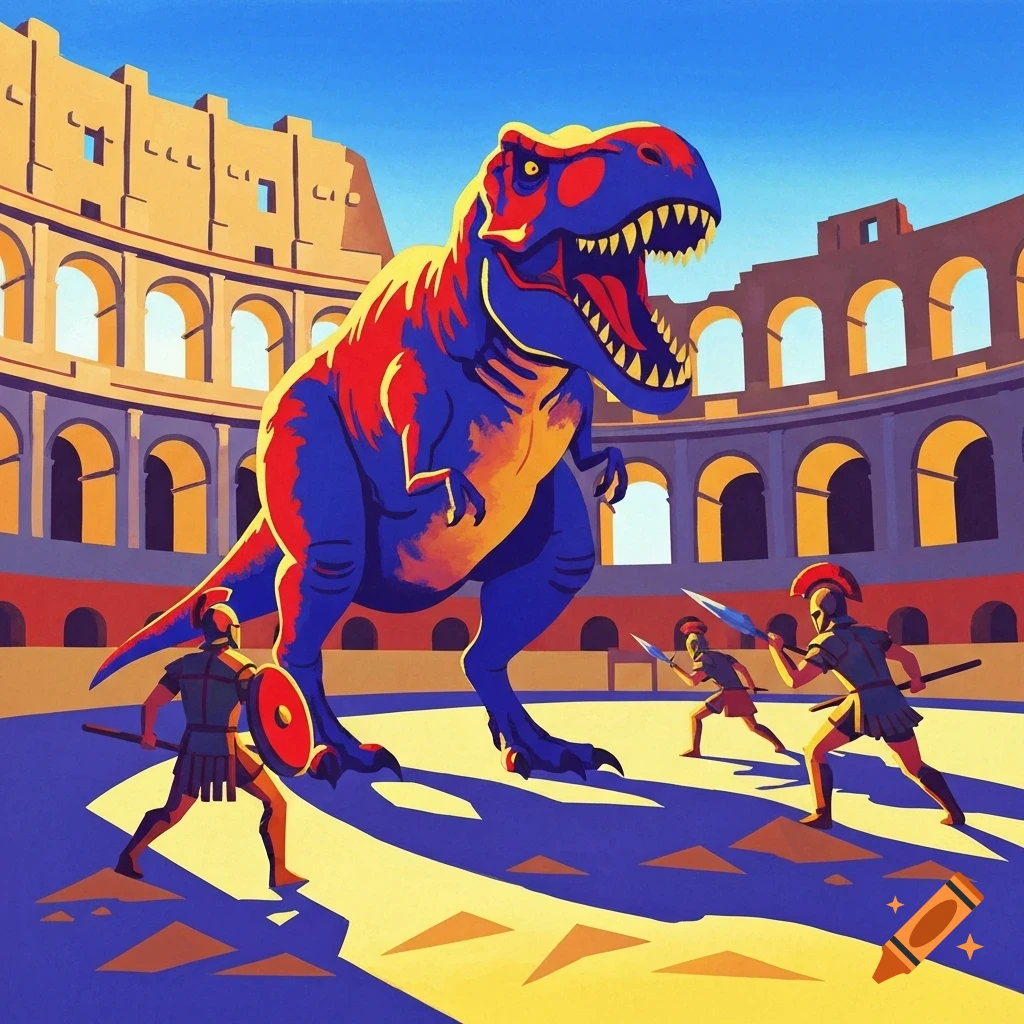 A Matisse-like painting of a large red and blue T-Rex fighting gladiators in the Roman Colosseum under a bright blue sky.