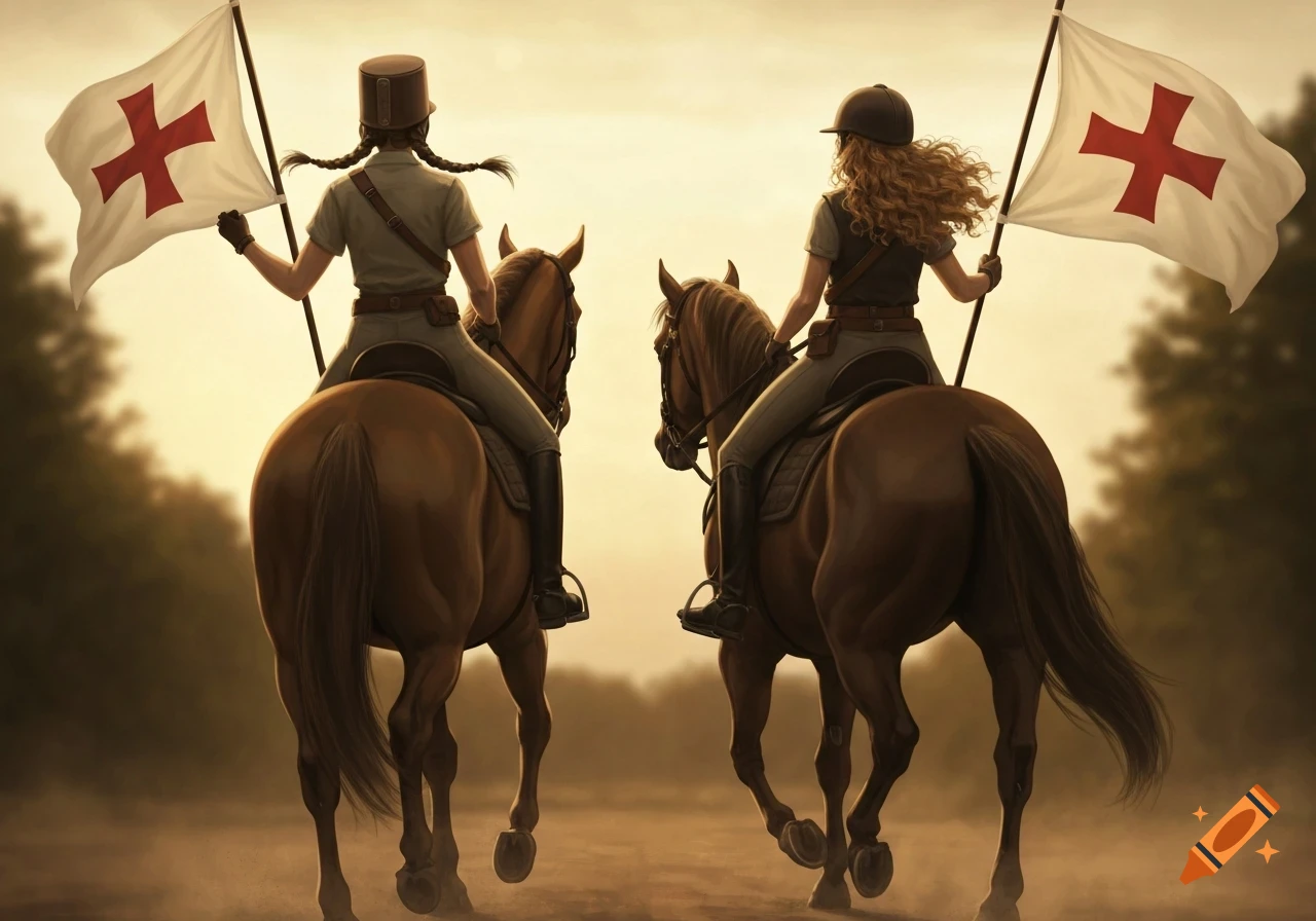 Two female riders on horseback, viewed from behind, holding white flags with red crosses, in a golden-hour setting.