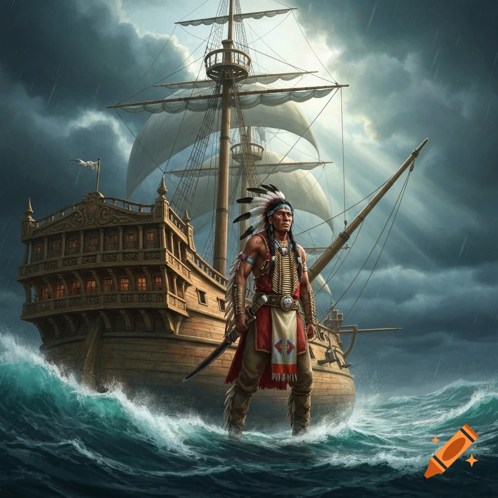 Native American warrior stands in a stormy sea before a large, detailed sailing ship, with light breaking through dark clouds.