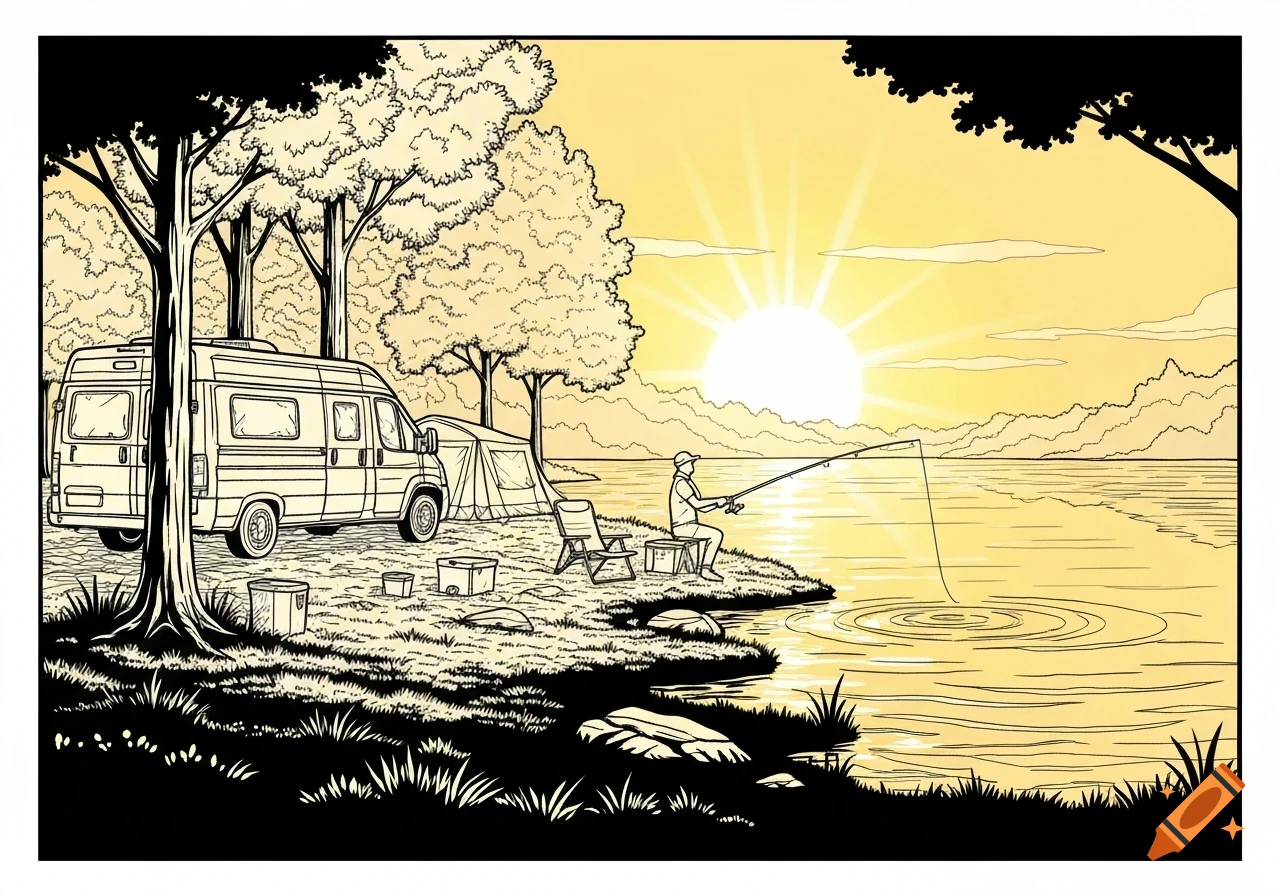Line art illustration of a person fishing by a lake at sunrise, with a camper van and tent in the background.