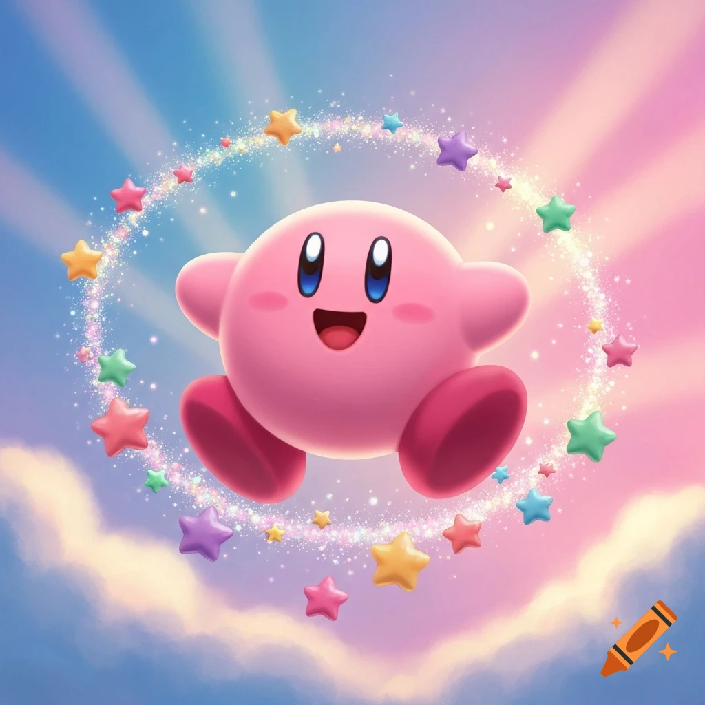 Kirby floats cheerfully in a pastel pink and blue sky, surrounded by a magical swirl of colorful stars and glitter.