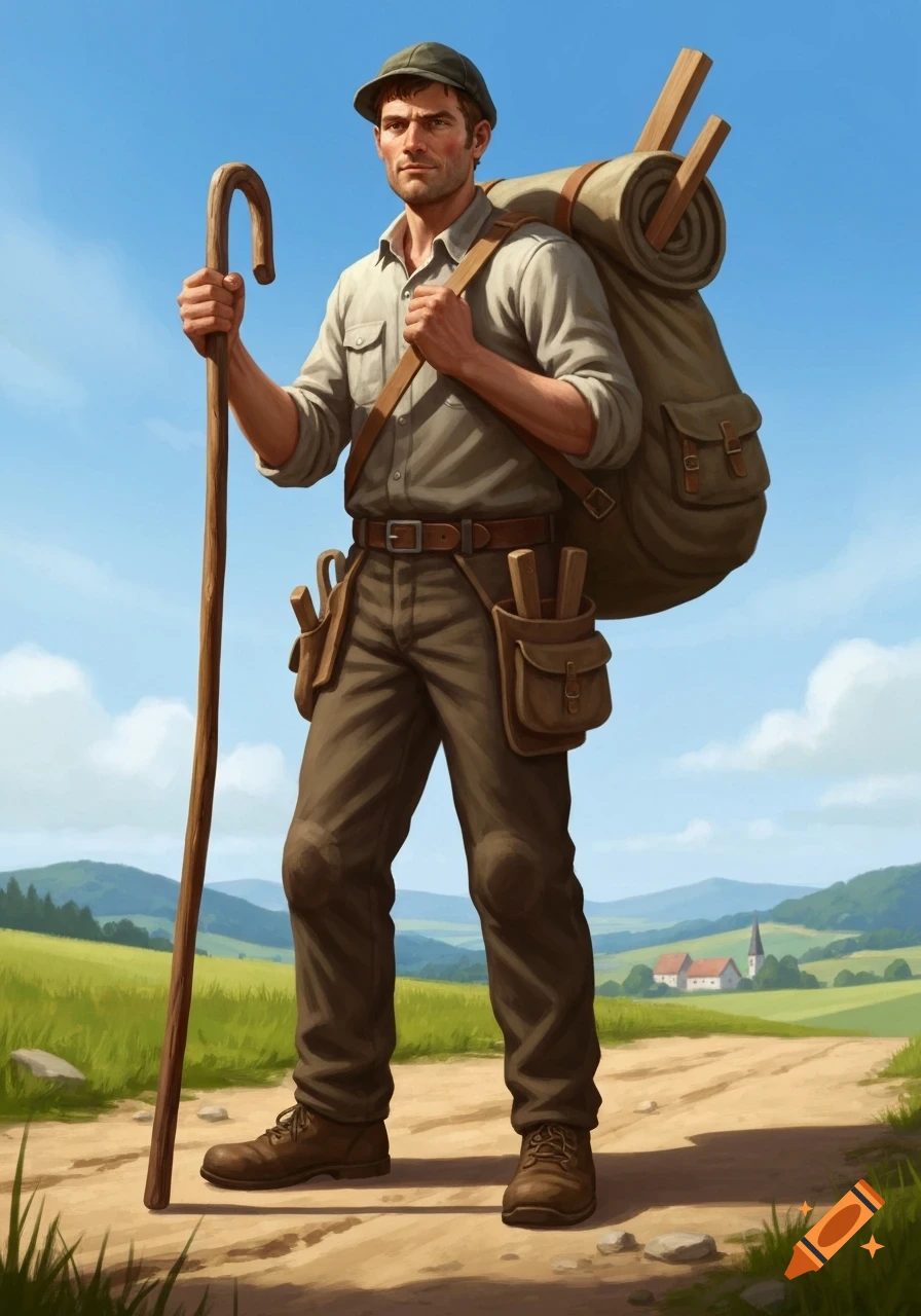 A detailed illustration of a journeyman carpenter with a backpack and walking stick on a rural path under a blue sky.