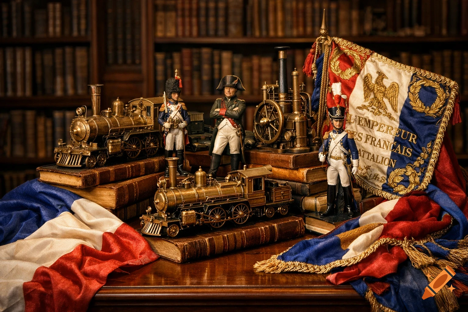 Photorealistic still life of vintage brass model trains, Napoleonic figures, books, and French regimental flag on a table in a library.