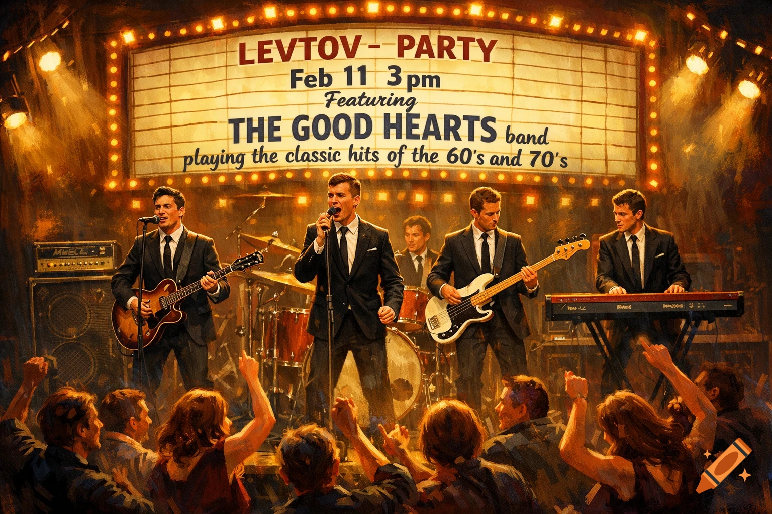 A band in black suits performs on a brightly lit stage under a marquee sign, with an audience dancing in front, in a painterly style.