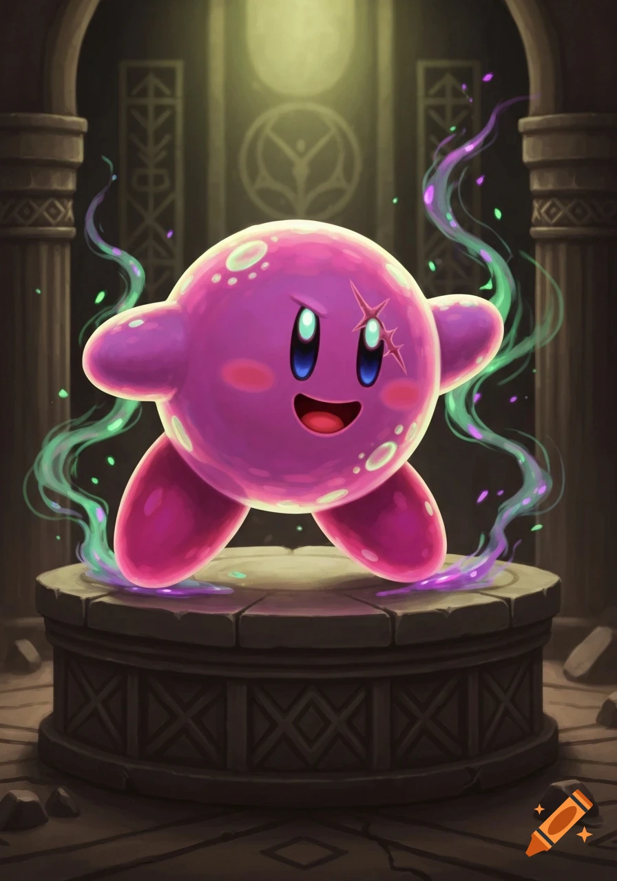 A stylized pink, round Kirby-like character with a scar, emitting green and purple magic on a stone pedestal.