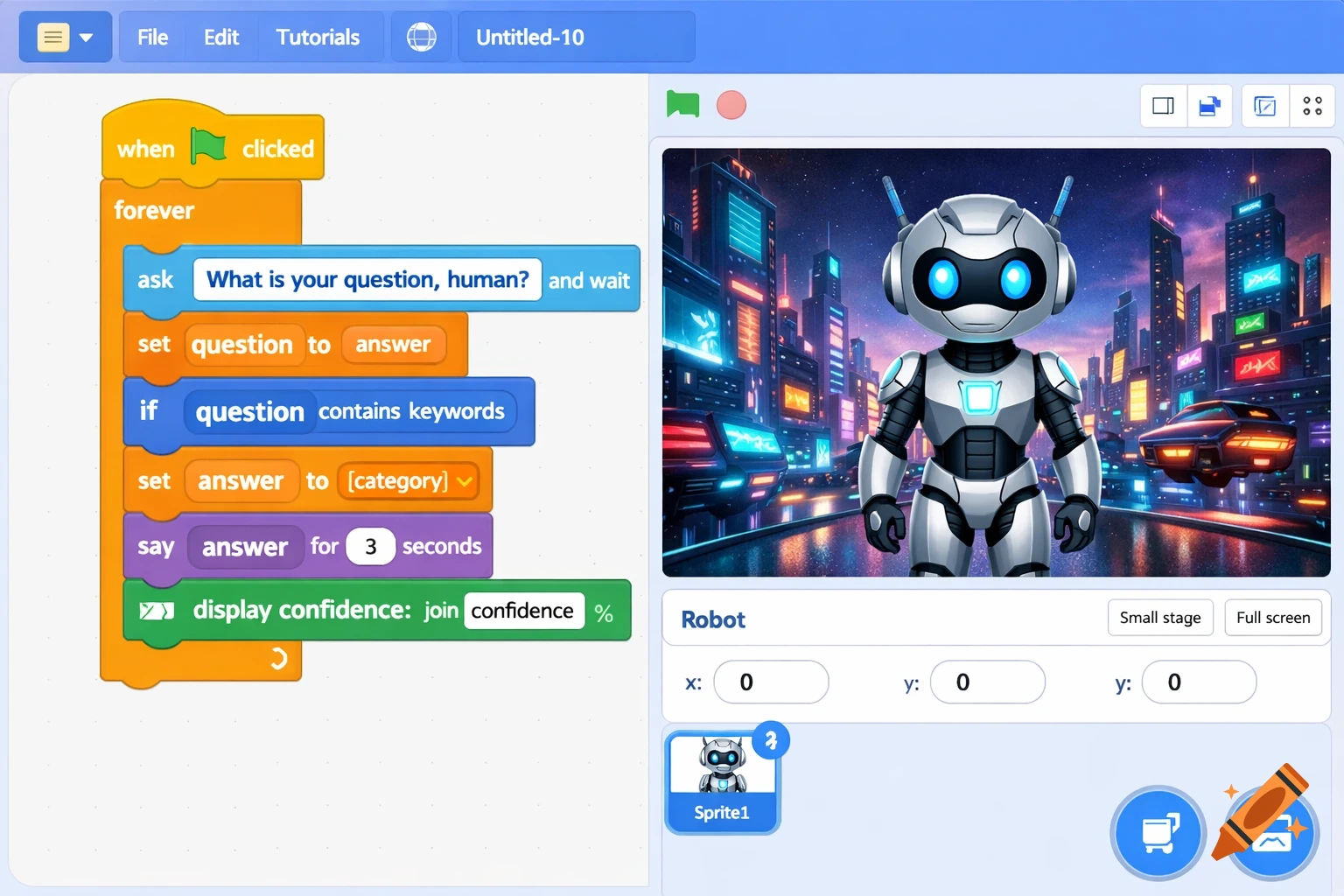 A screenshot of the Scratch programming editor showing chatbot AI blocks and a robot sprite in a futuristic city scene.