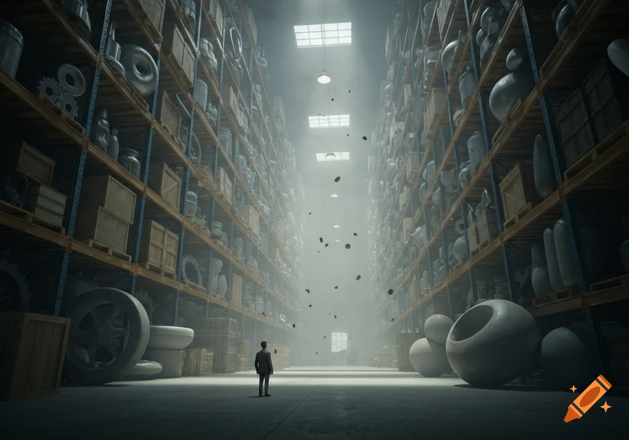 A tiny employee stands in a vast, misty, surreal warehouse filled with countless shelves of objects, with debris floating.