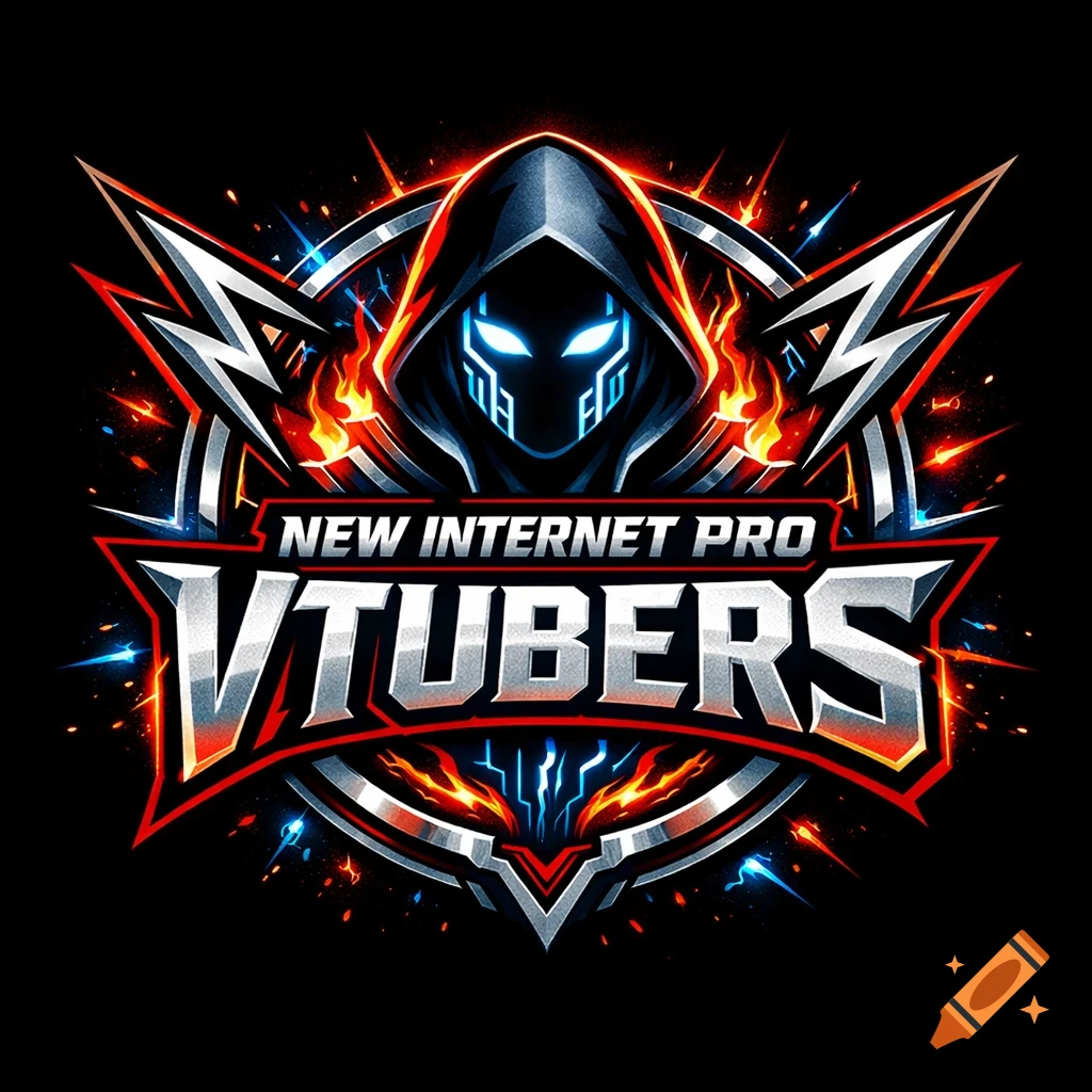 A vibrant esports-style logo for New Internet Pro Vtubers, featuring a hooded figure with glowing blue eyes, fiery accents, and metallic text on a black background.