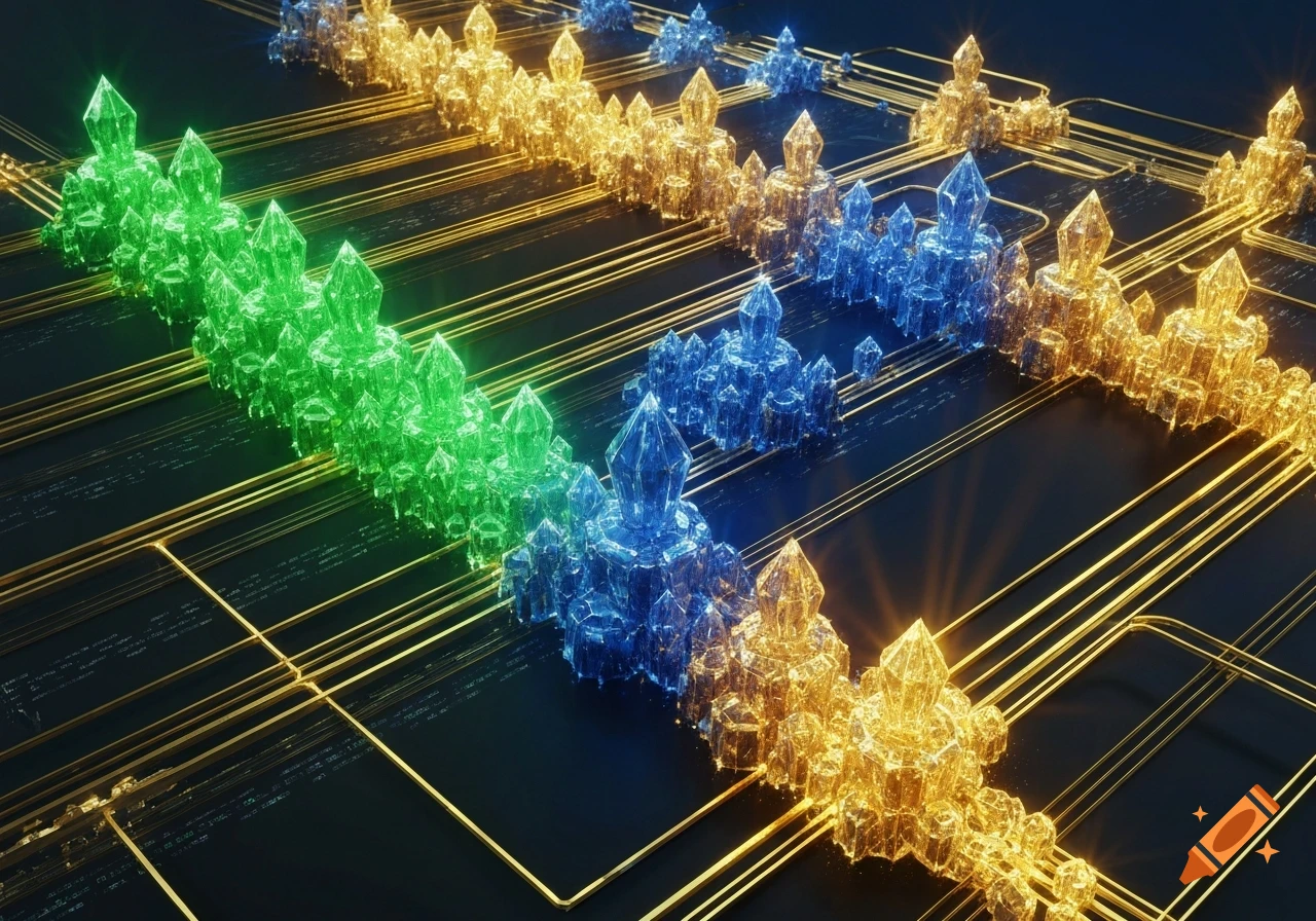 Abstract image of glowing green, blue, and gold crystals arranged in rows, connected by golden circuit lines on a dark background.