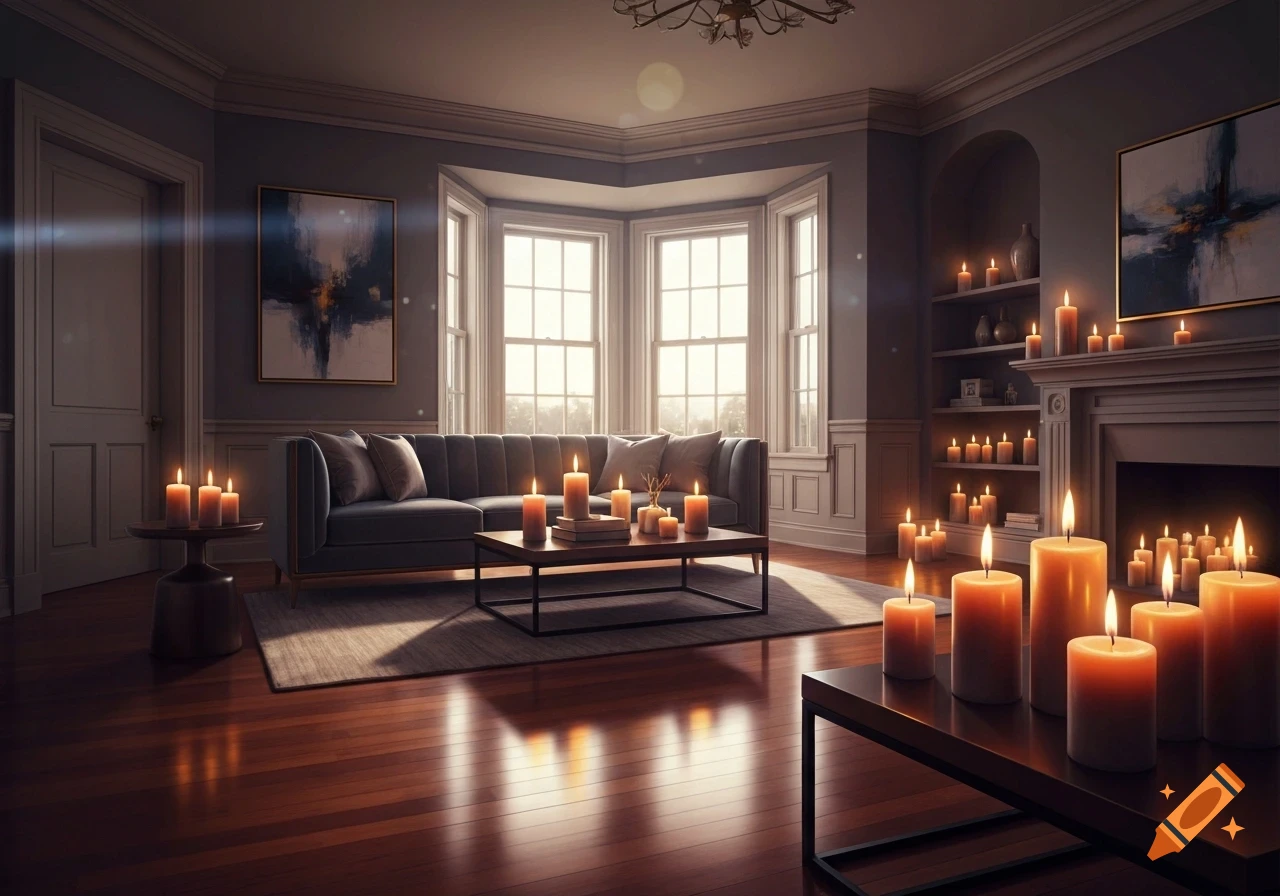 A cozy living room with a dark sofa, bay windows, and many lit candles creating a warm and inviting atmosphere.