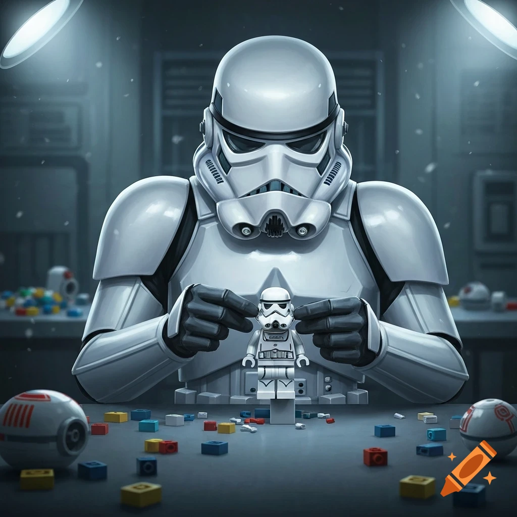 A stormtrooper building a Lego stormtrooper figure on a table with colorful Lego bricks scattered around.