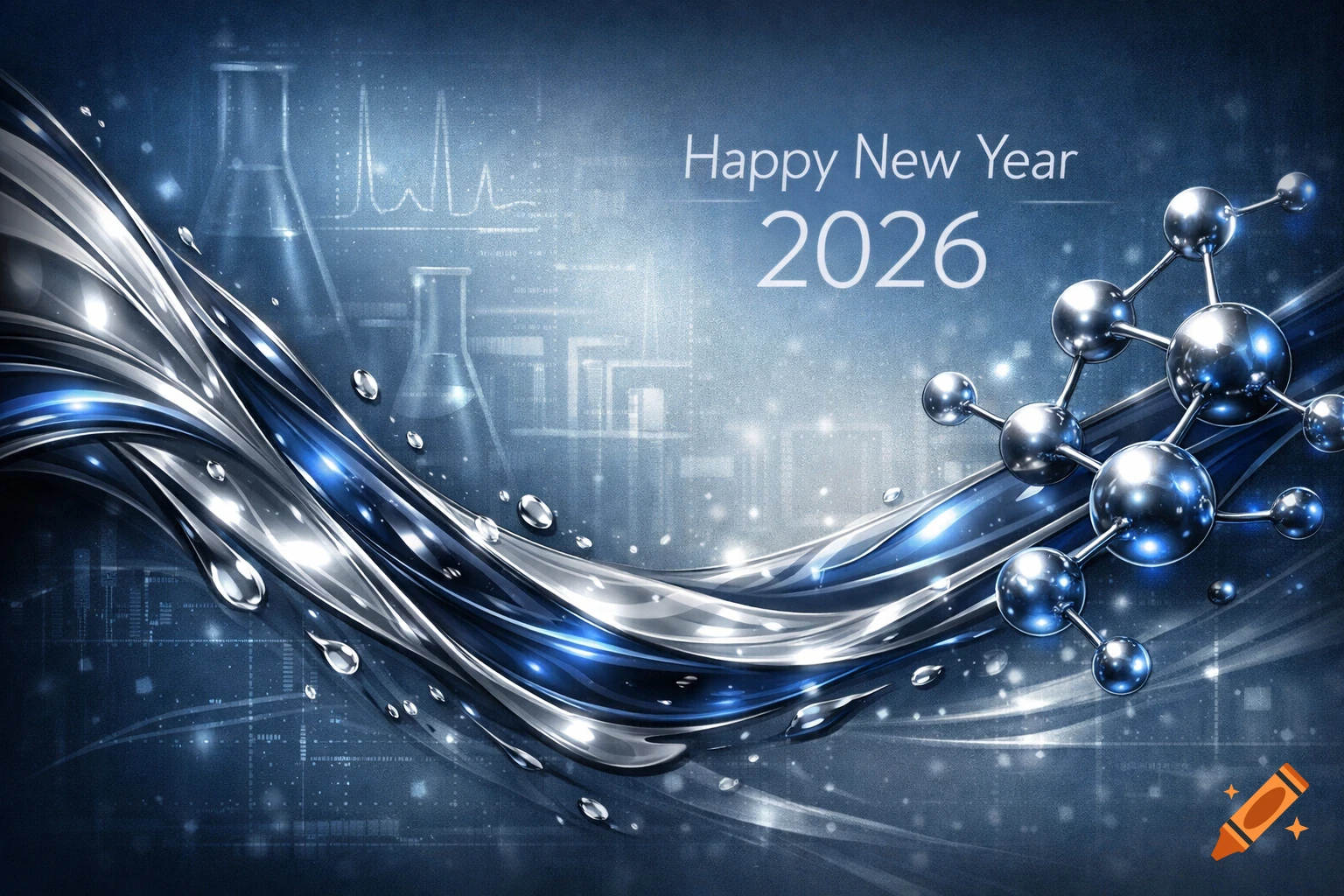 A futuristic Happy New Year 2026 greeting card with metallic waves, water droplets, and scientific imagery on a blue background.