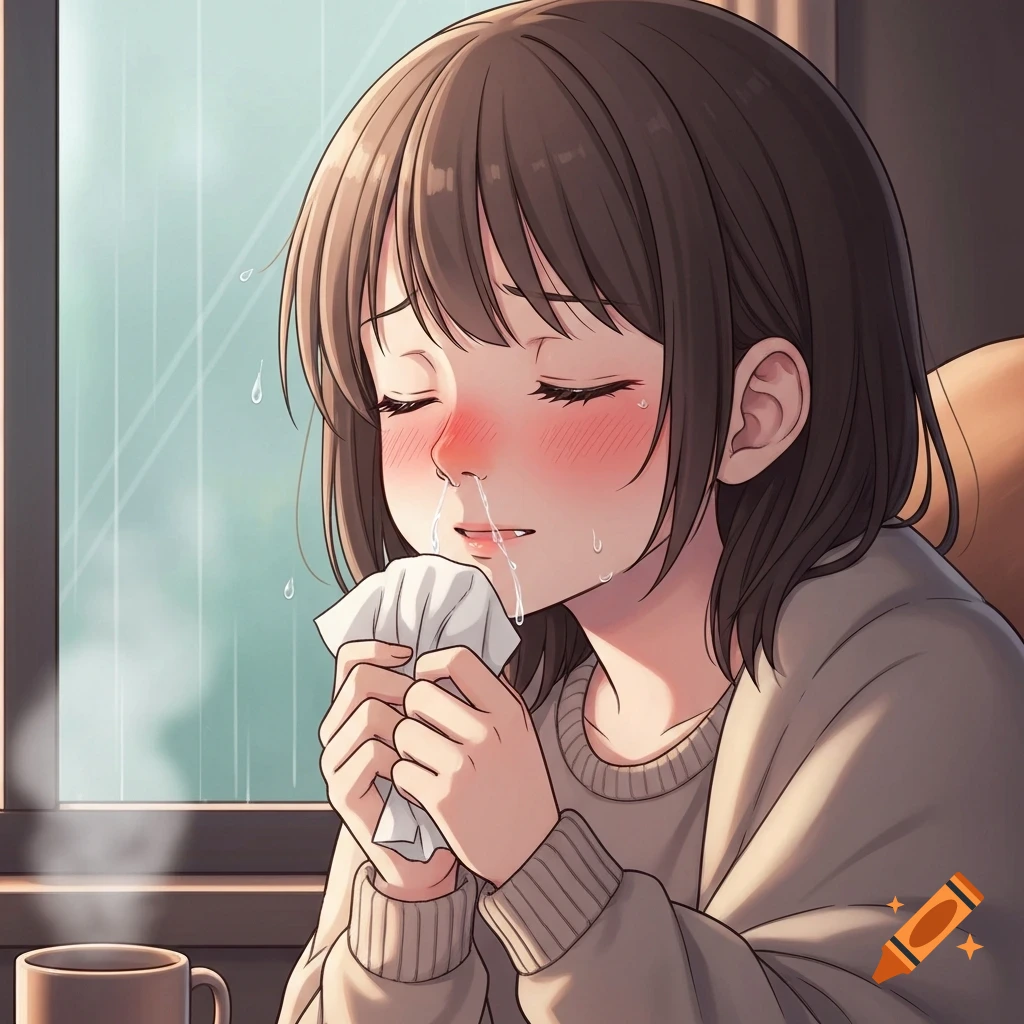 An anime girl with a red, runny nose, holding a tissue, with closed eyes, appearing to have a cold by a window.