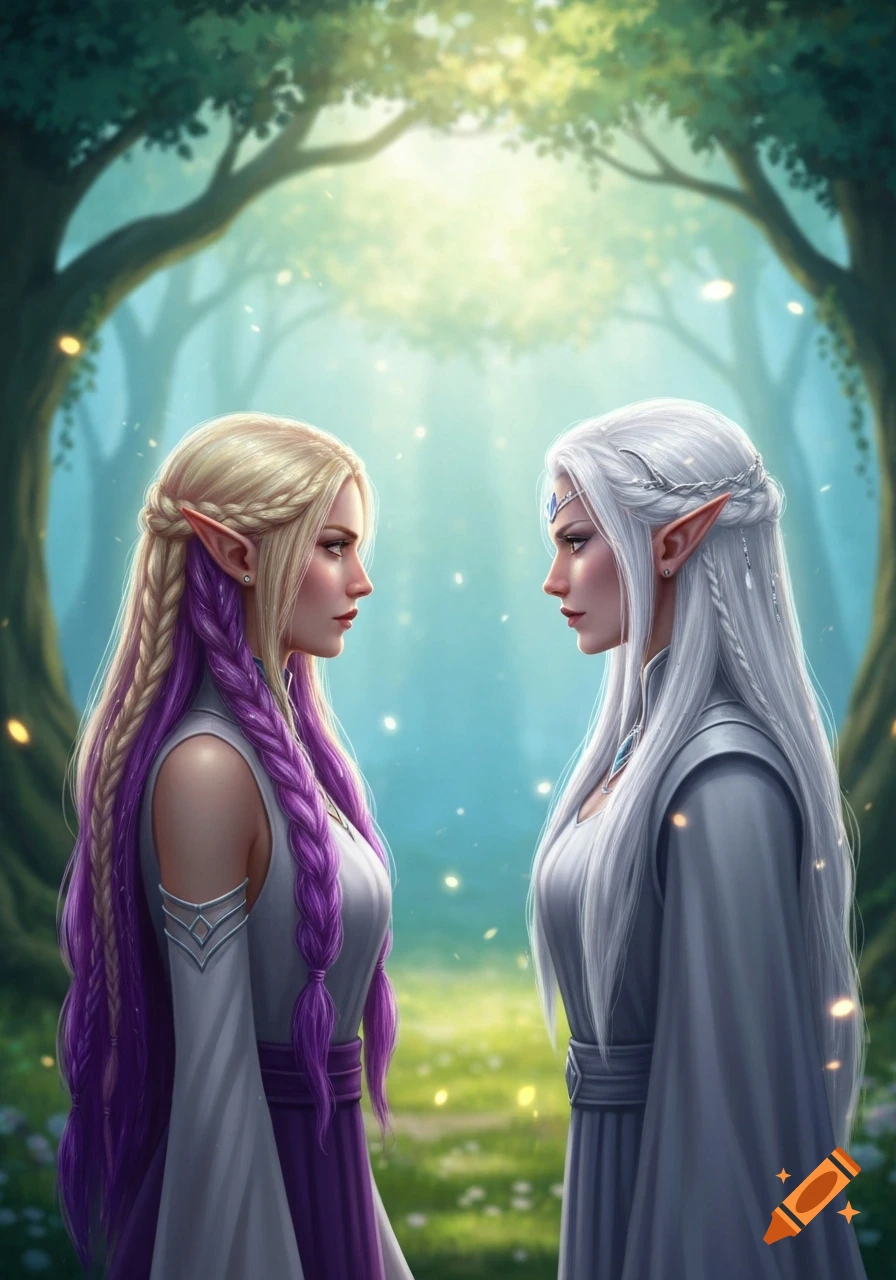 Two female elves, one with blonde and purple braided hair, and one with white hair and a tiara, face each other in a glowing forest.