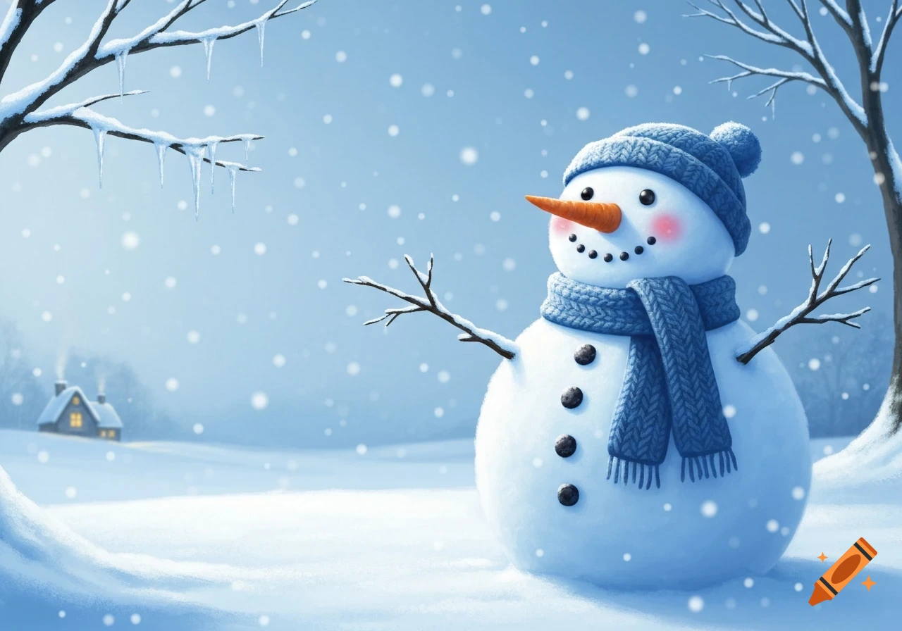 A friendly snowman wearing a blue knit hat and scarf, standing in a snowy winter landscape with trees and a distant house, as snowflakes fall.