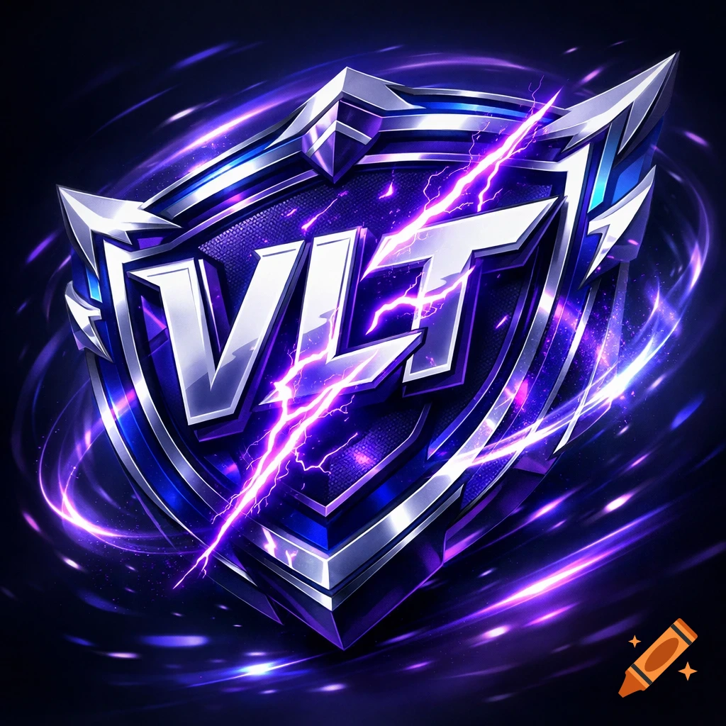 A stylized silver and blue shield emblem with the letters VLT, struck by a bright purple lightning bolt, on a dark background with electric energy.