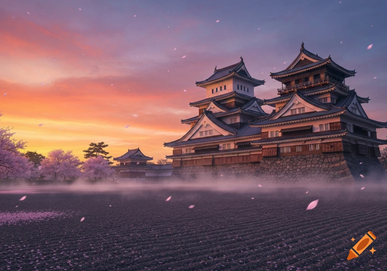 A majestic Japanese castle at sunrise or sunset, surrounded by misty cherry blossoms and falling petals under a vibrant orange and purple sky.