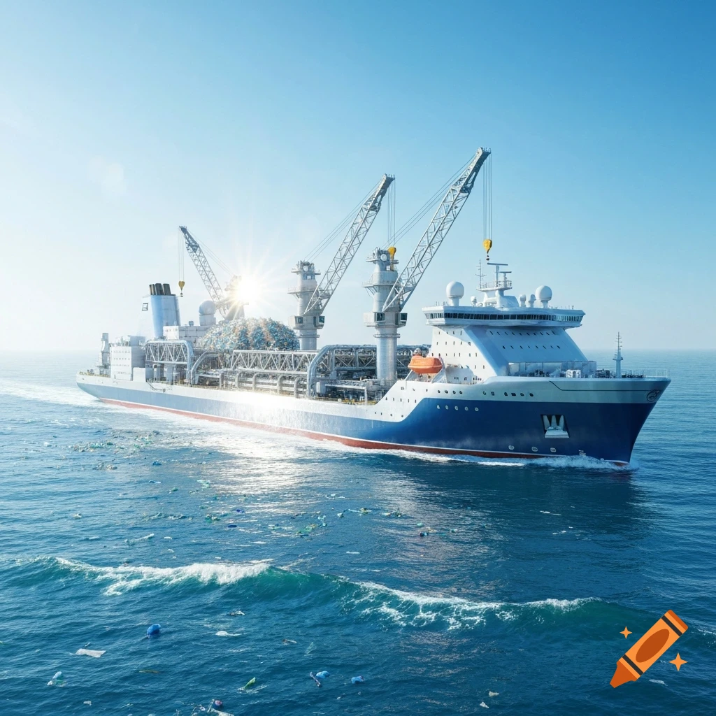 A large white and blue ship with cranes sails on a blue ocean littered with plastic waste under a sunny sky, collecting debris.