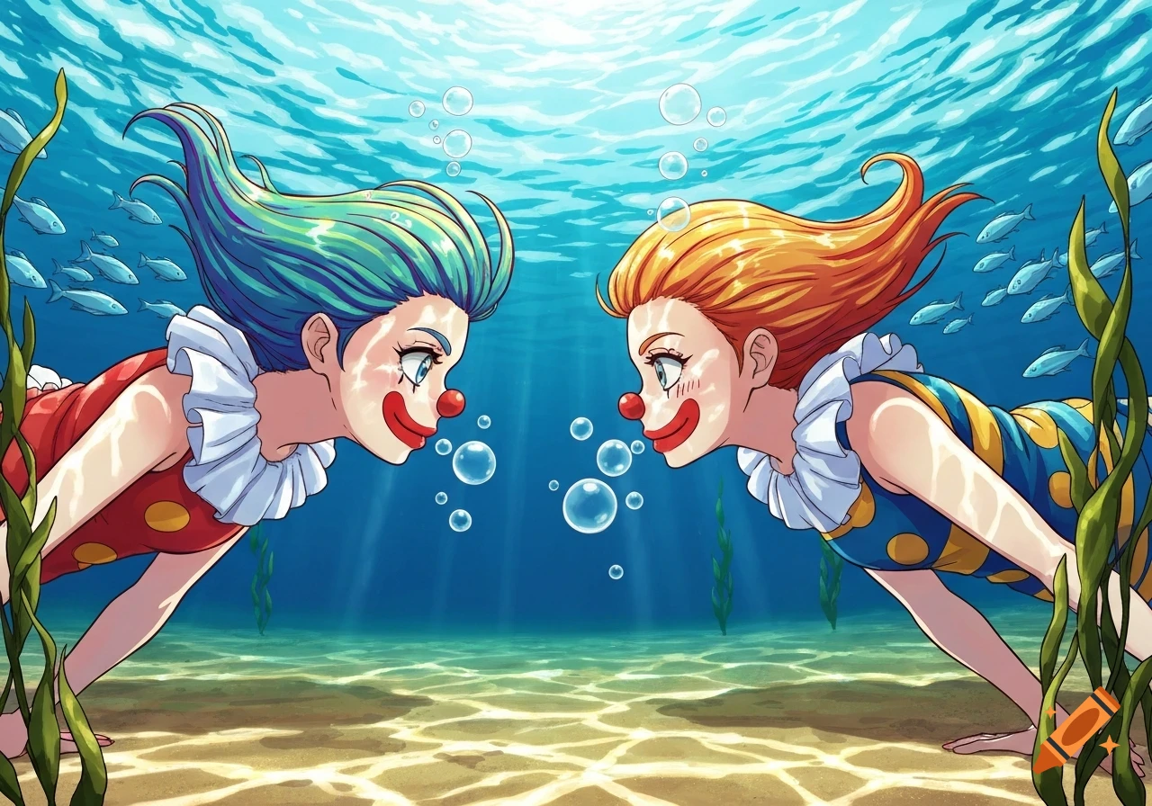 Two anime clown girls with colorful hair swim underwater, facing each other amid fish and seaweed.