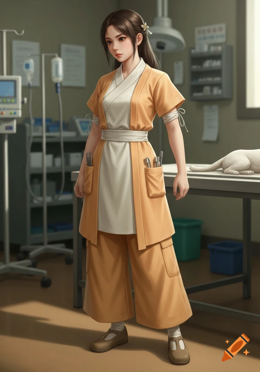 Anime illustration of a young woman in an orange and white hanfu-inspired veterinarian uniform standing in a clinic.