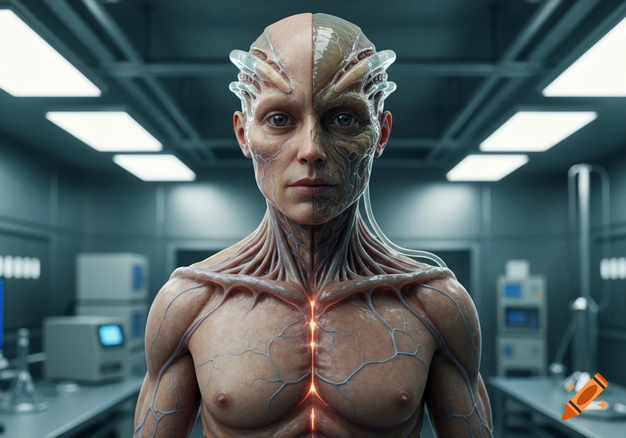 A photorealistic human-alien hybrid creature with exposed musculature and glowing chest stands in a futuristic lab.
