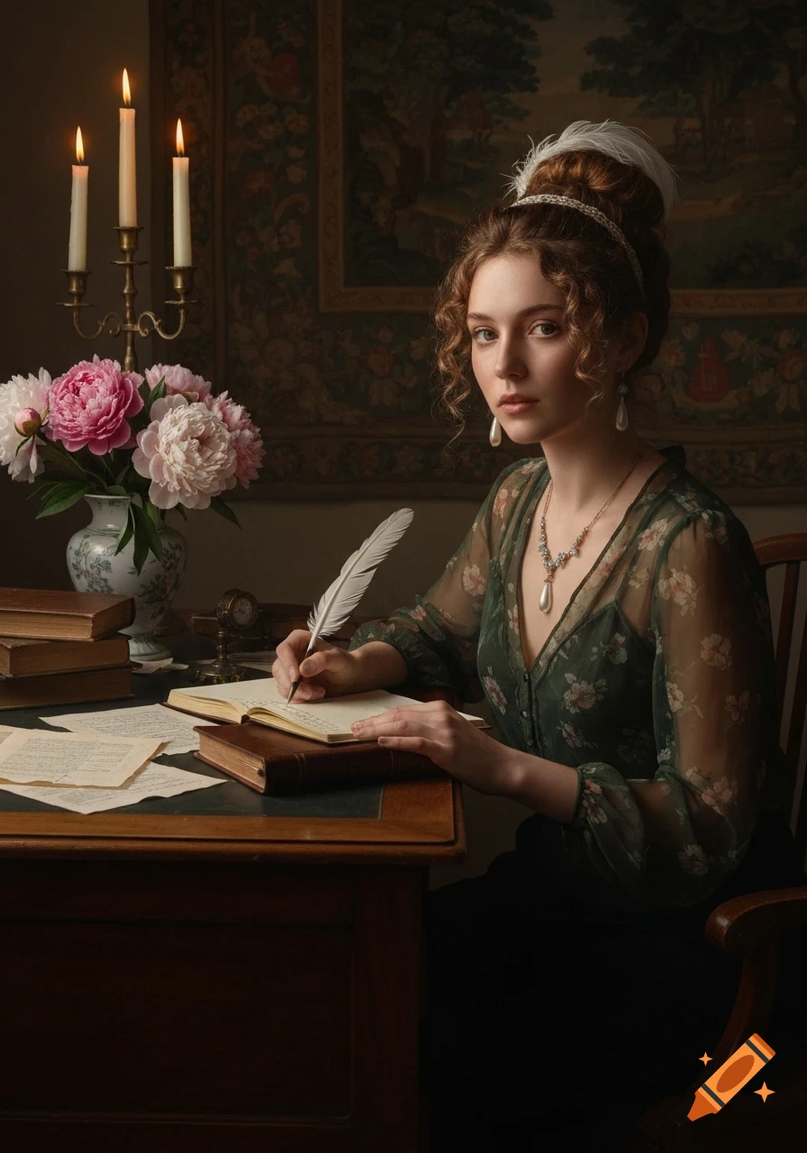 A young woman in a green floral dress writes with a quill at a wooden desk with peonies and candles, in a classical, dimly lit room.
