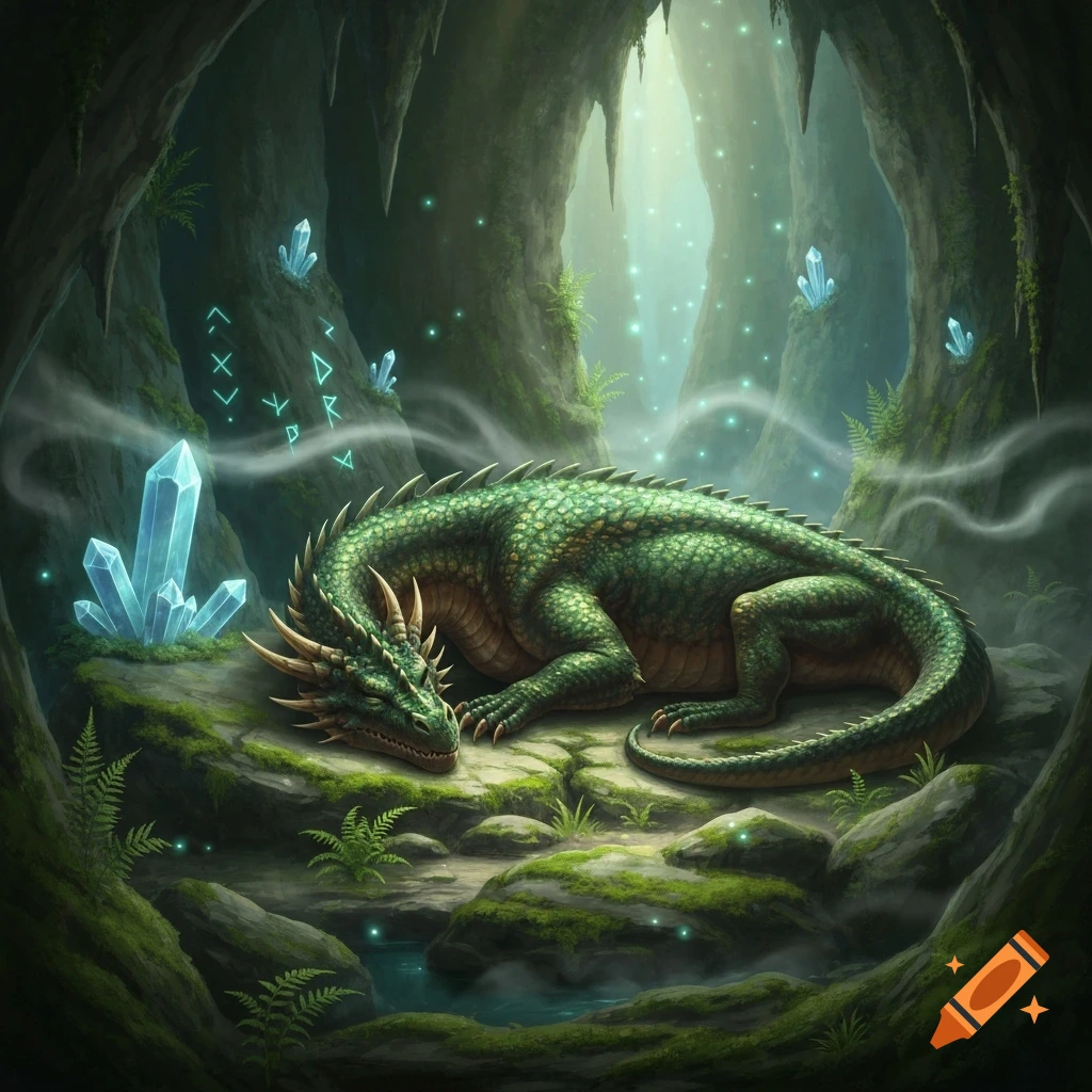 A vibrant green dragon sleeps peacefully amidst glowing blue crystals in a mystical, mossy cave.