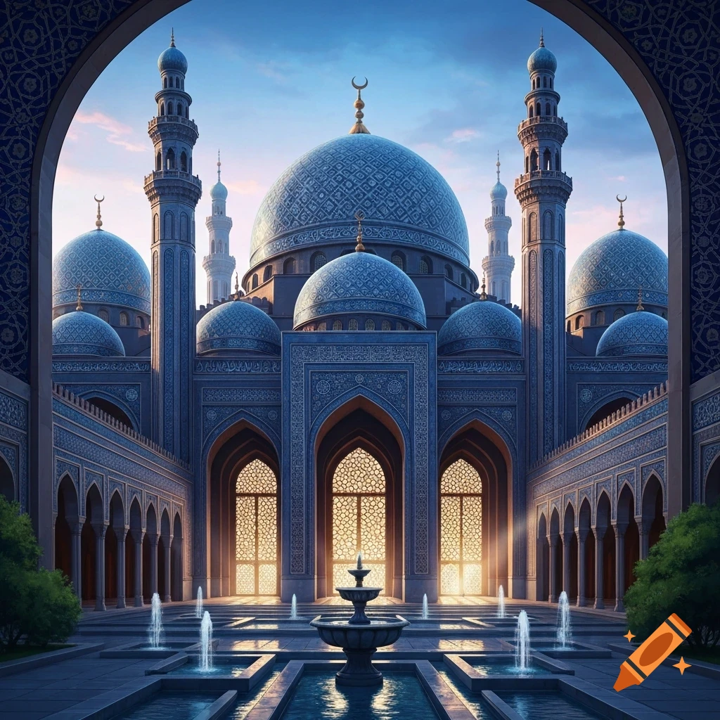 Grand mosque with multiple blue domes, tall minarets, intricate patterns, and a courtyard with fountains under a blue sky.