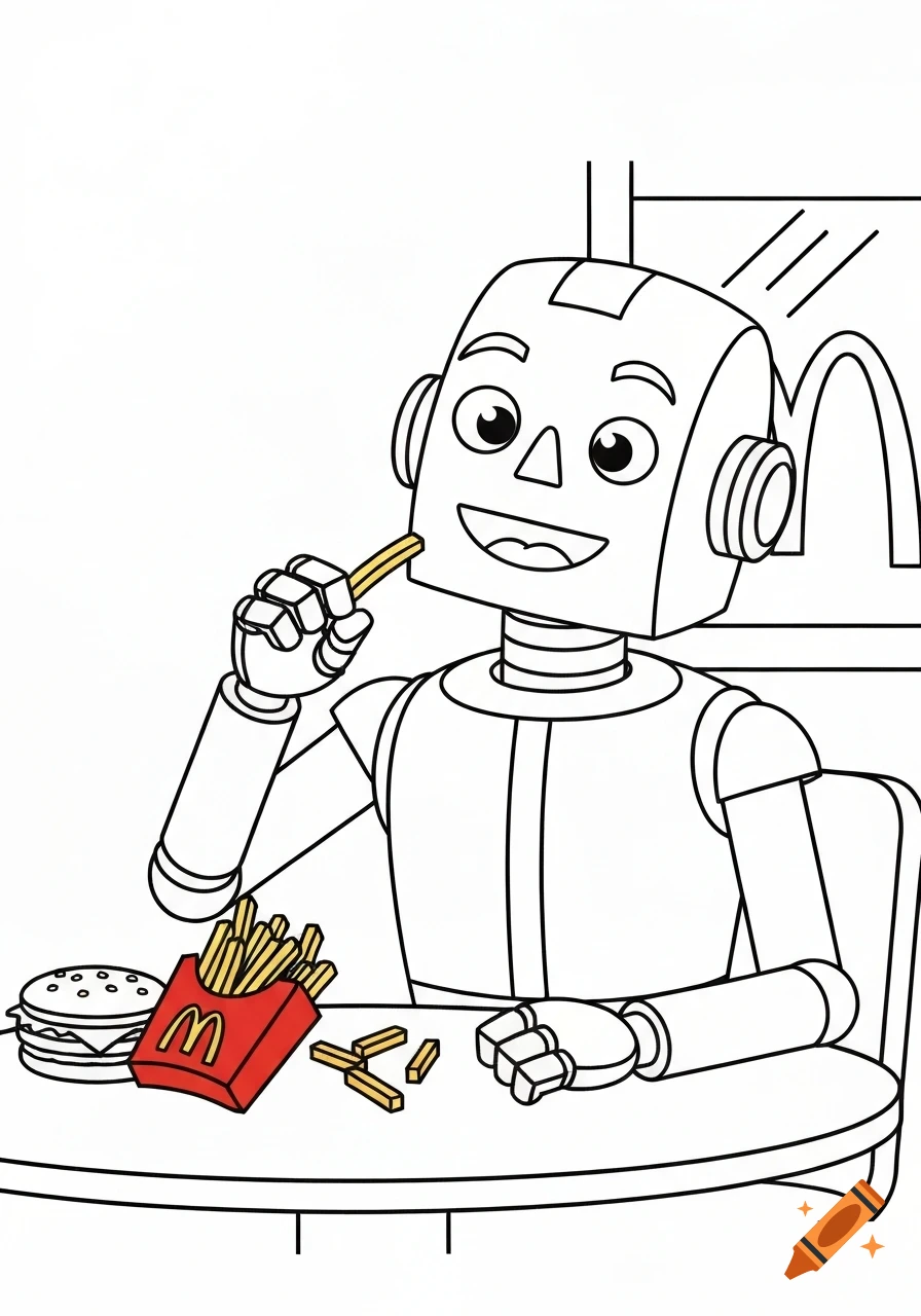 Line art of a friendly robot eating french fries and a hamburger at a McDonald's table.
