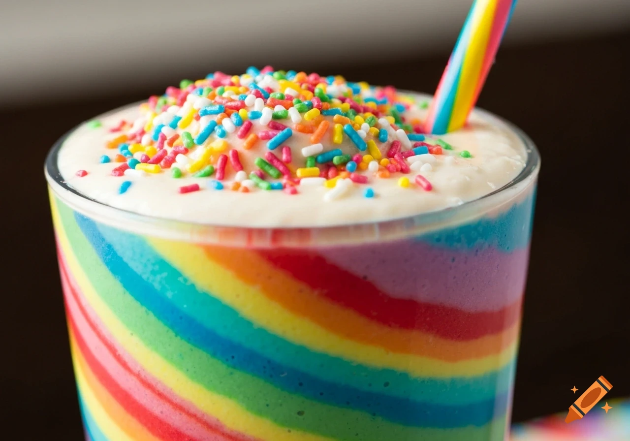 A vibrant rainbow milkshake topped with colorful sprinkles and a rainbow straw in a clear glass.