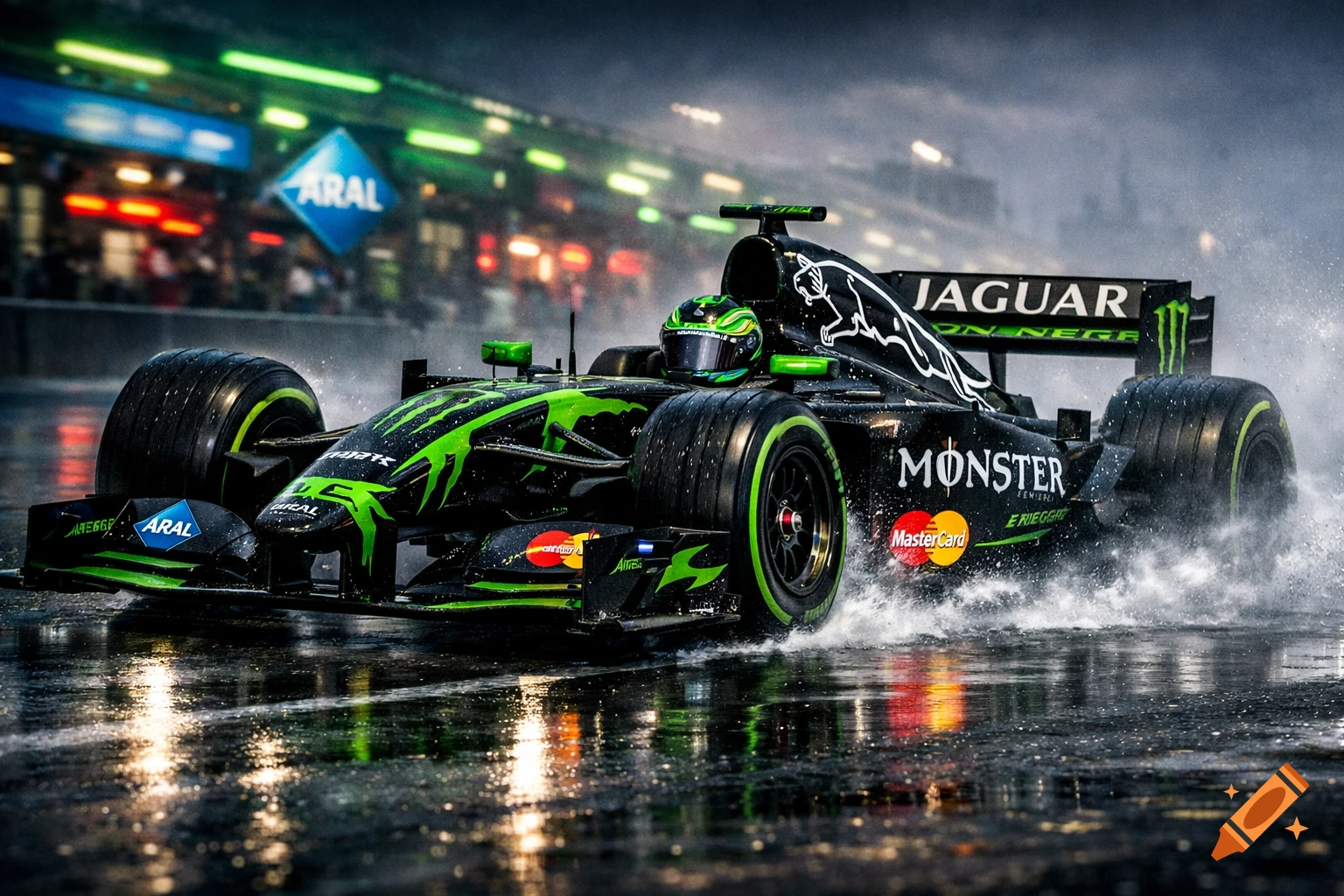 A black and green Formula 1 car, branded with Jaguar, Monster, Aral, and MasterCard, splashes through water on a rainy race track at night.