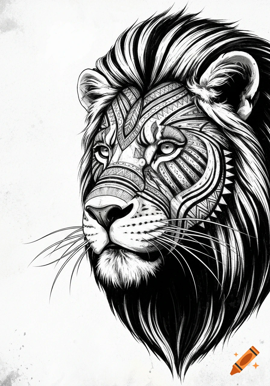 Black and white tribal art illustration of a lion's head looking left with intricate patterns.