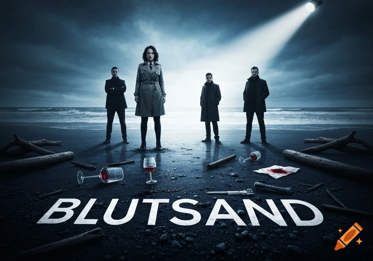 A woman in a trench coat and three men stand on a dark, stormy beach with a spotlight. Text 'BLUTSAND' on the sand, with broken wine glasses, blood, and an axe.