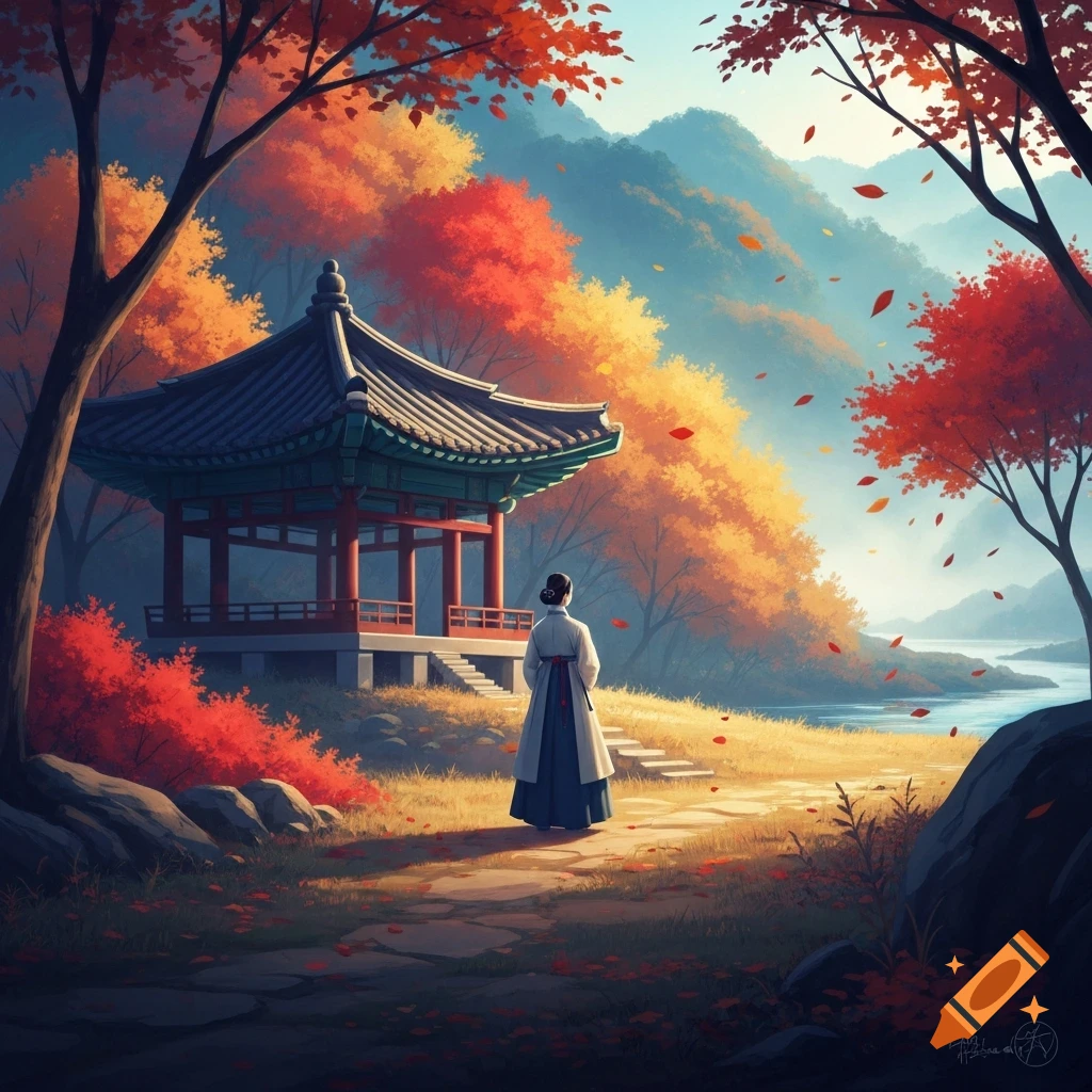 A person in traditional Korean attire stands by a pavillion in a vibrant autumn landscape with mountains and a river.